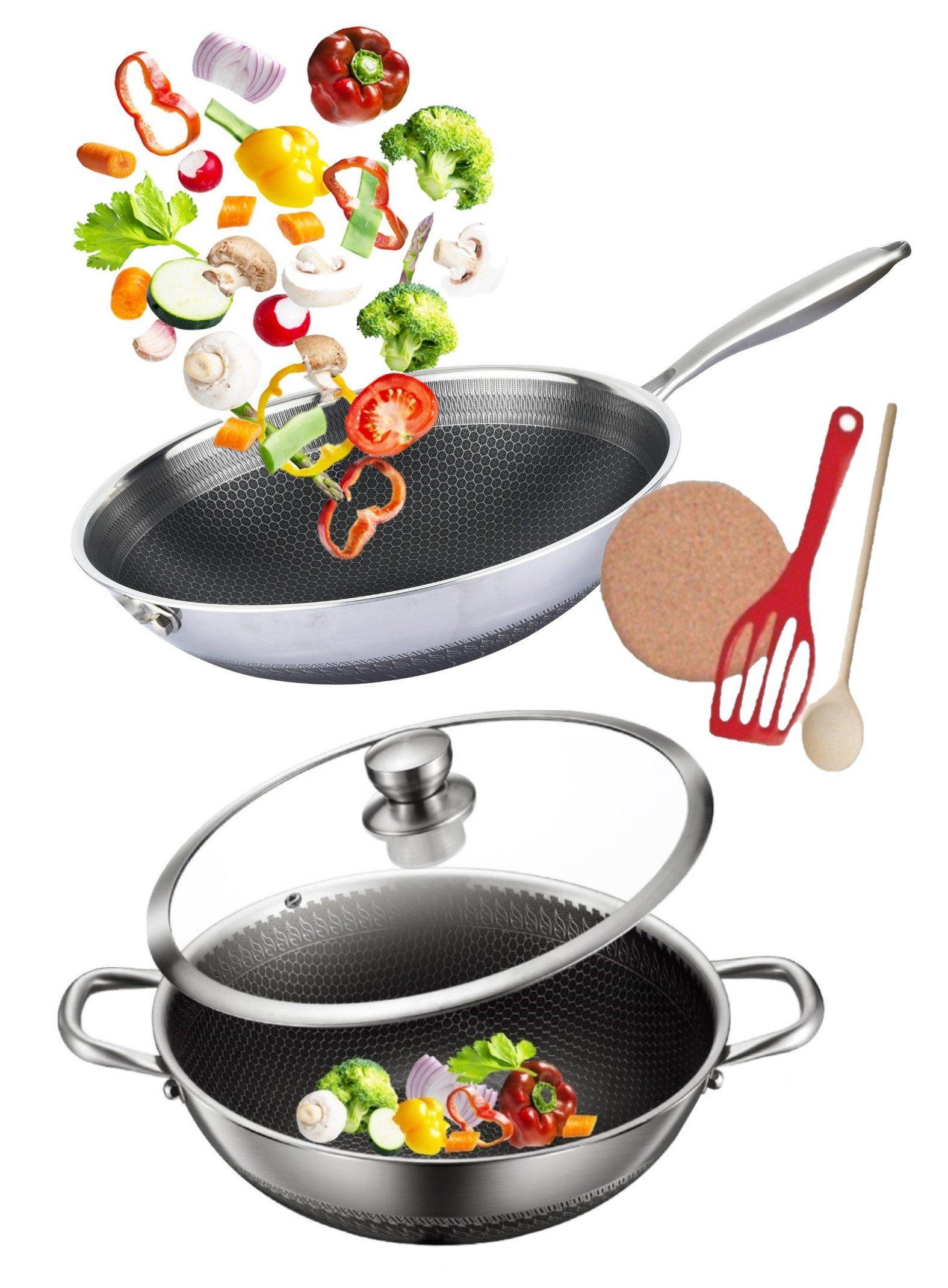 Pfannen-Set 1 32 1 Wok (Set, 1 + Pfanne 6-tlg., + Wok cm Antihaftbeschichtet), KESSMANN Deckel, cm Asia Untersetzer Pfannenwender Schmorpfanne Induktionsherd Servierpfanne Inkl. Wokpfanne 32 Holzlöffel Edelstahl Induktion Bratpfanne Pfannenset