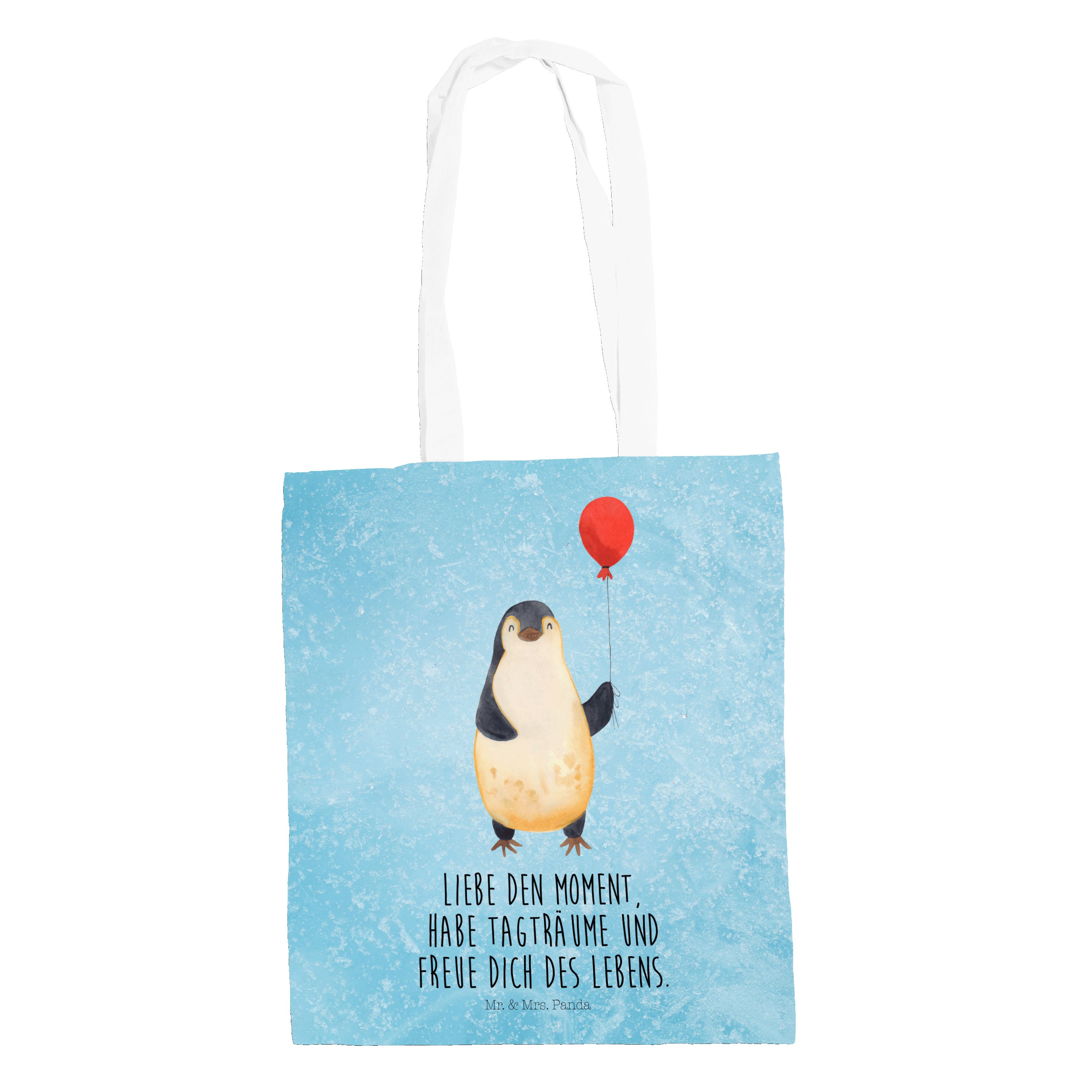 Mr. & Mrs. Panda Tragetasche Pinguin Luftballon - Eisblau - Geschenk, Geschenk Freundin, Jutebeute (1-tlg)