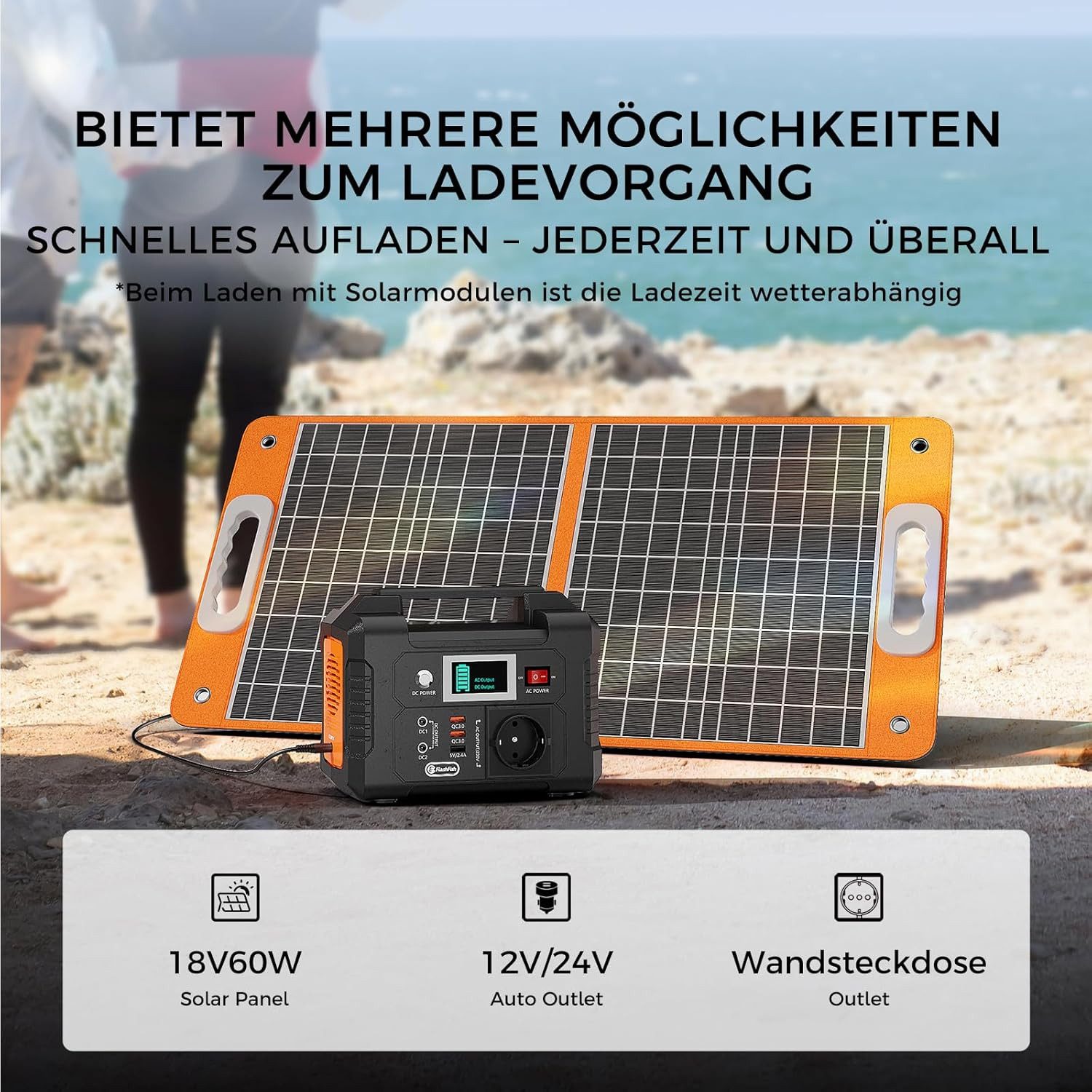 Flashfish Stromerzeuger Powerstation 200W, 151Wh Stromgenerator Solar, AC-Ausgang 230V, 0,2 in kW, (E200), für Camping,Abenteuer und Notfälle