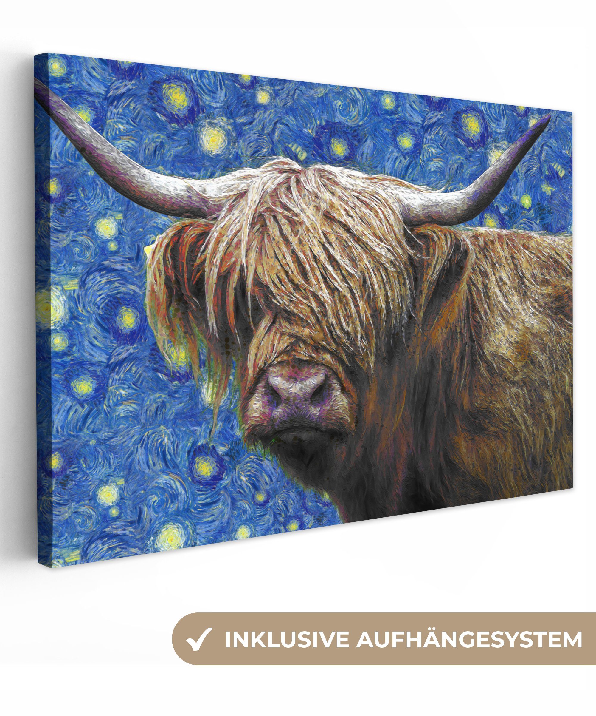 OneMillionCanvasses® Leinwandbild Scottish Highlander - Sternennacht - Van Gogh, (1 St), Wandbild Leinwandbilder, Aufhängefertig, Wanddeko, 30x20 cm