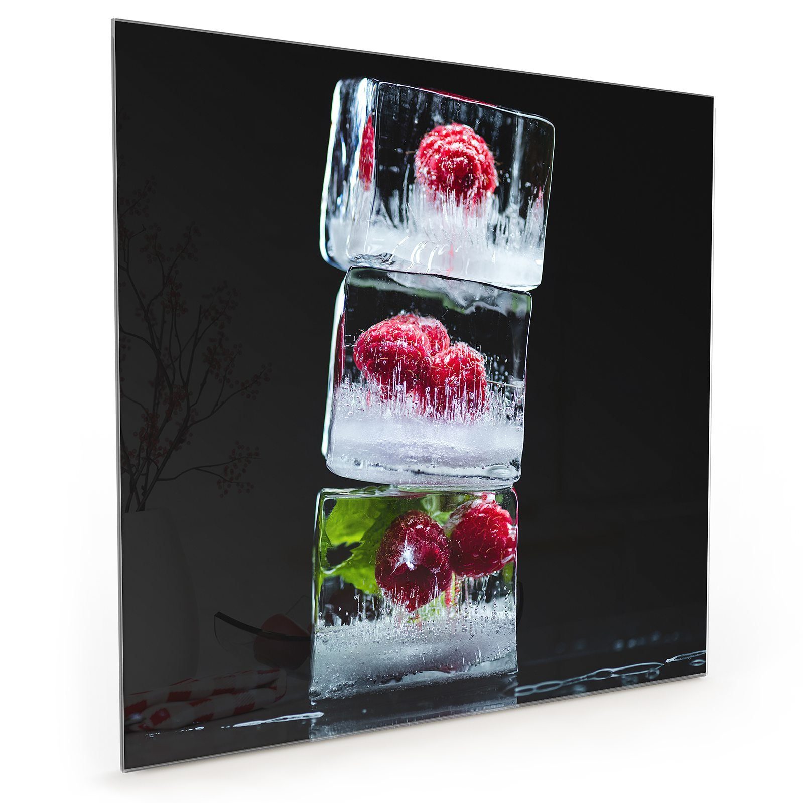 Primedeco Küchenrückwand Küchenrückwand Spritzschutz Glas mit Motiv Himbeereneiswürfel Stapel