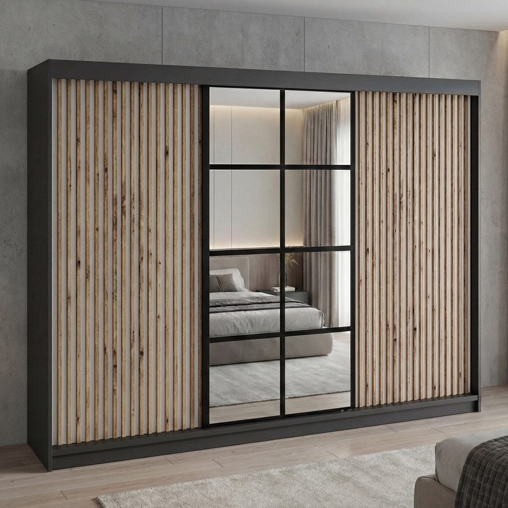 A&J MöbelLand GmbH Schiebetürenschrank NORIVO 200 cm mit 3D-Lamellen und Spiegelfront (TOP ANGEBOT! Geräumiger Schrank mit einer Breite von 200 cm ideal zur Aufbewahrung von Kleidung und Accessoires. Wählen Sie das ideale Modell für Ihr Schlafzimmer!, TOP PRODUKT)