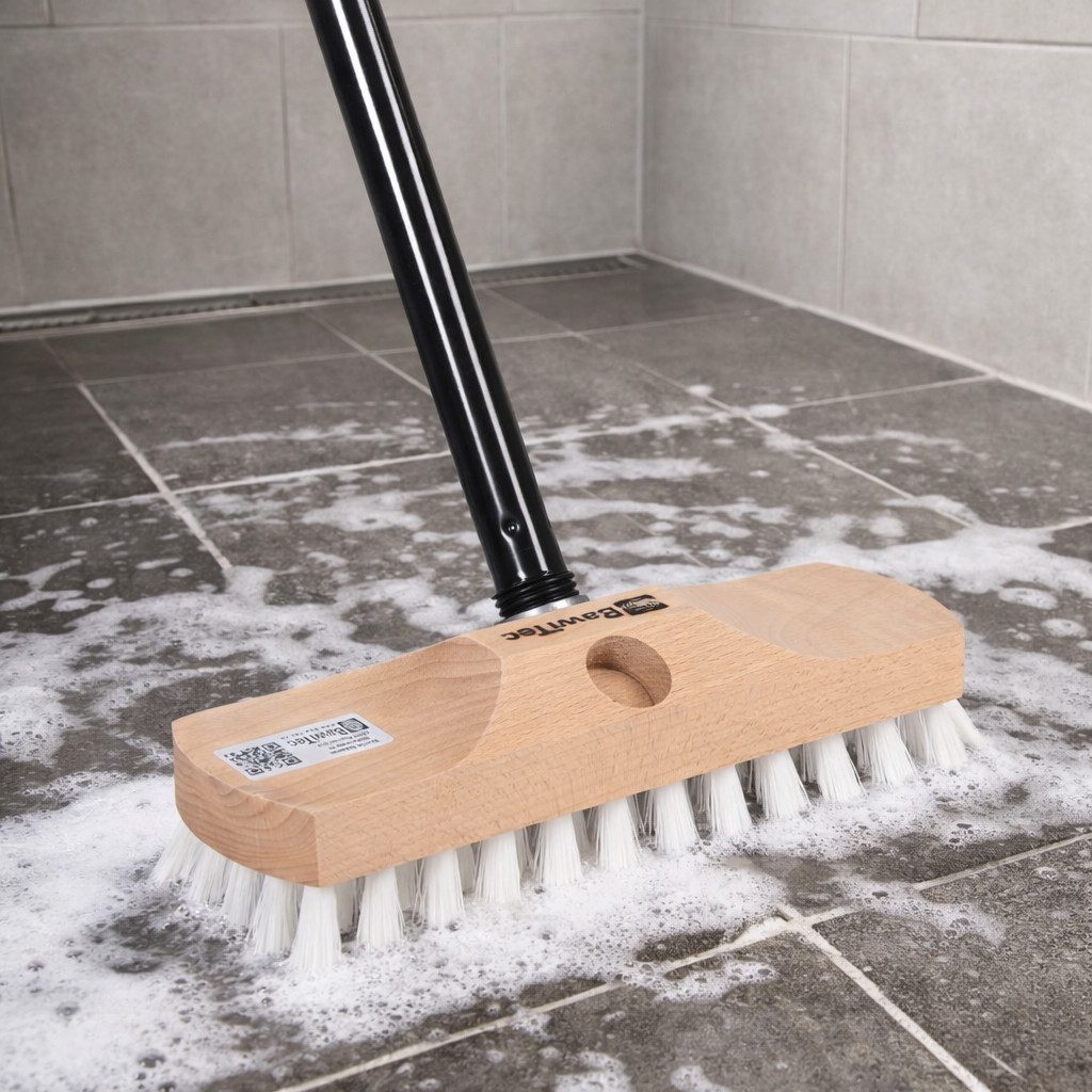 BawiTec Reinigungsbürste Universal Schrubber mit Stiel Bodenschrubber Holzstiel Teleskopstiel, Fliesen, Holzböden, Steinböden, Garagenböden, Keramik, (1-tlg), k – Bild 5 von 5