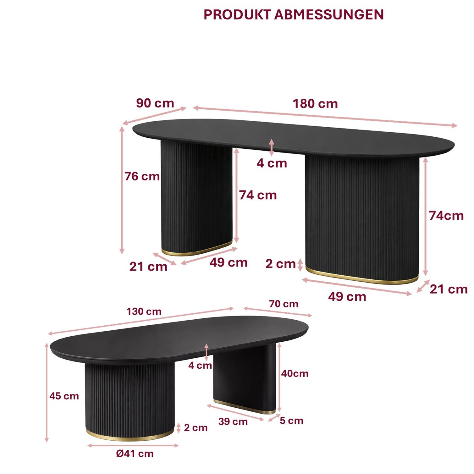 HOOZ Wohnzimmertisch Couchtisch & Esstisch Set Oval Modern – 130x70 cm & 180x90 cm Schwarz (Set, 4-St., 1× Esstisch & 1× Couchtisch), Tisch mit geriffeltem Gestell & goldfarbenem Ring am Sockel