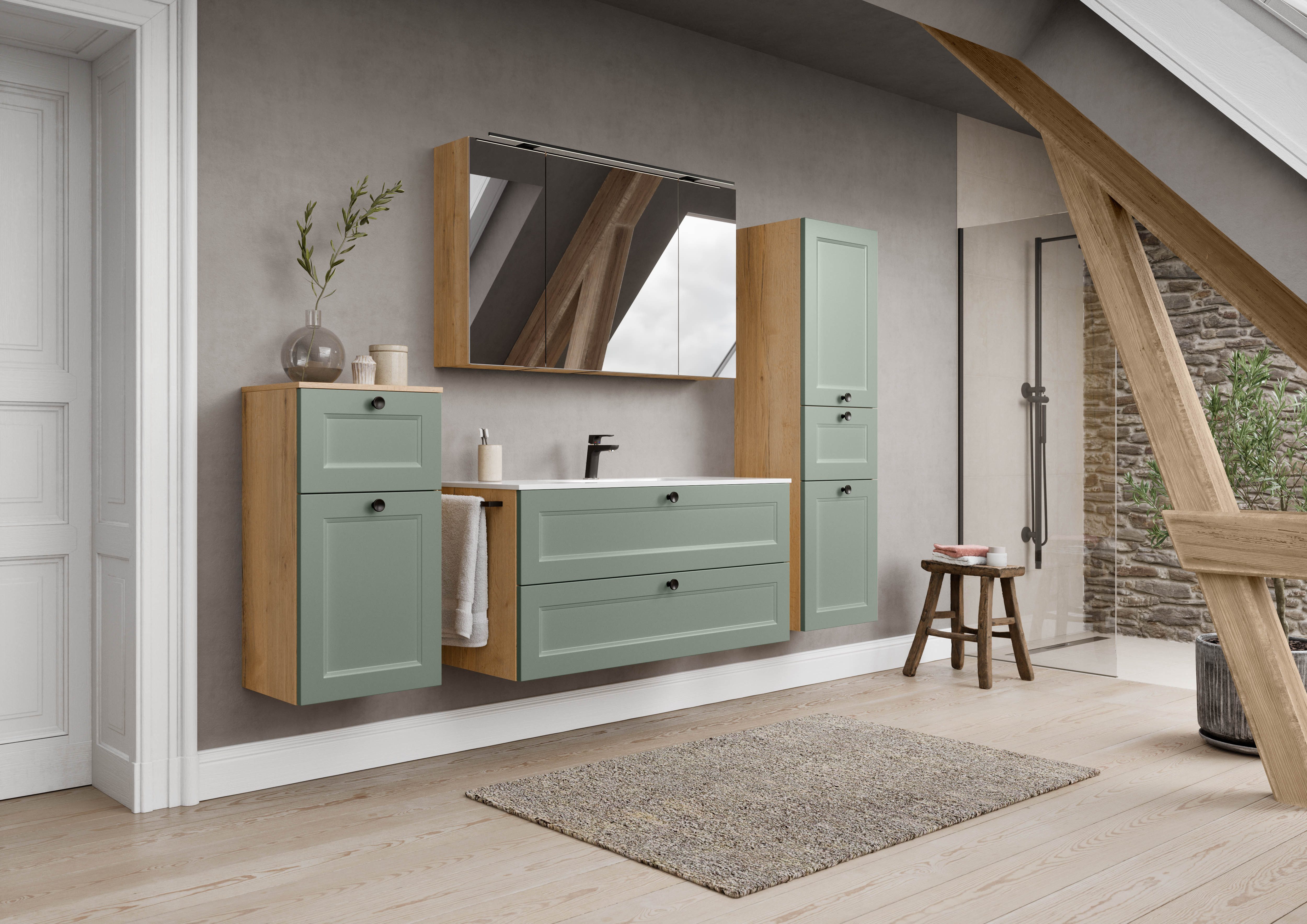 nobilia® Badmöbel-Set Cascada, (Set, 2-St., mit Waschbecken, inkl. Spiegelschrank mit Beleuchtung), vormontiert, mit Soft-Close, in vier Breiten