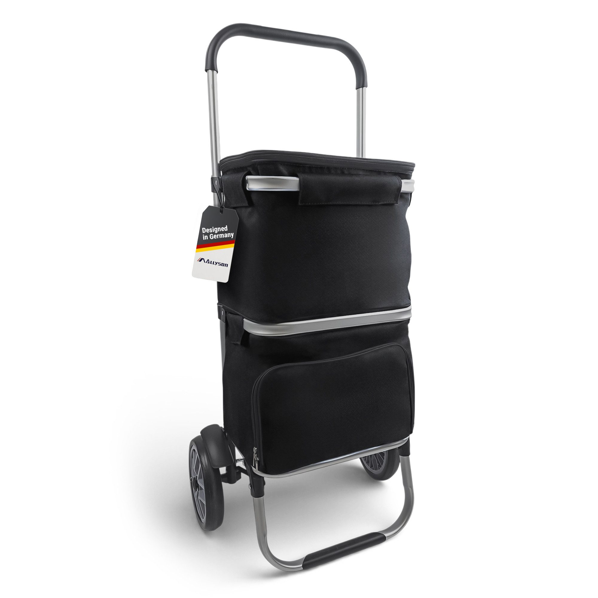 Allyson Einkaufstrolley Einkaufswagen klappbar, Einkauftrolley mit 56L Kapazität & Kühlfach, 900D Oxford & Doppel-Tasche klappbar & Leise Rollen