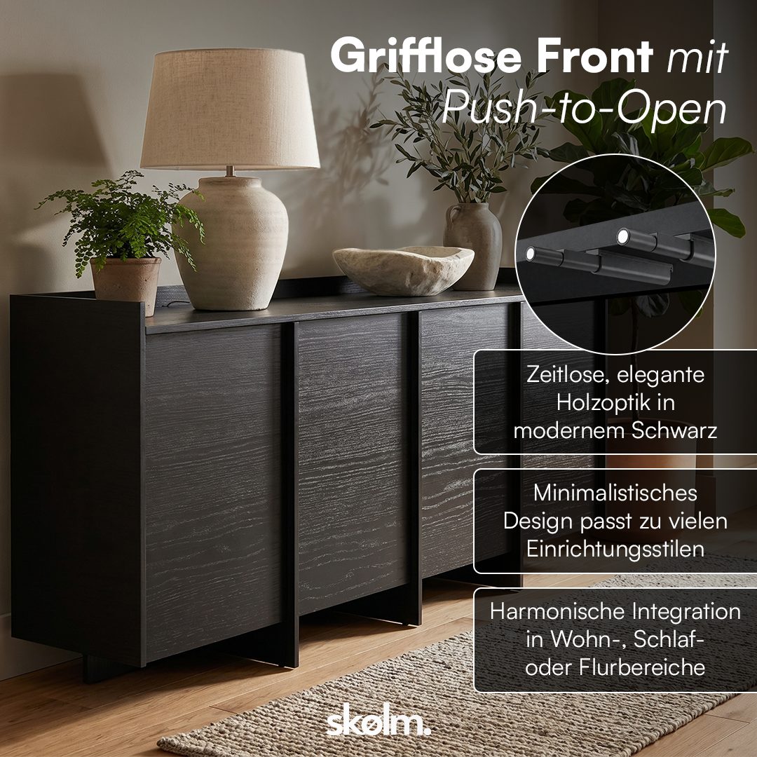 skølm Kommode Meili in Holzoptik mit 4 Push-to-Open Türen, Siedeboard mit 8 Fächern & höhenverstellbaren Füßen
