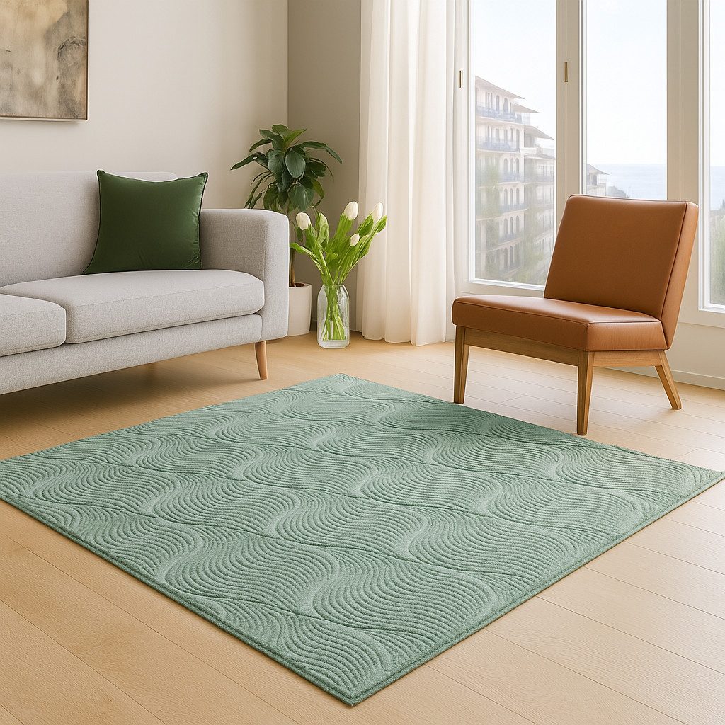 TaCa Home Teppich Kurzflor Teppich Hasenfell Optik, rechteckig, Höhe: 10 mm, Wohnzimmer, Kinderzimmer, Flur, Esszimmer, Welle Grün - 50 x 80 cm