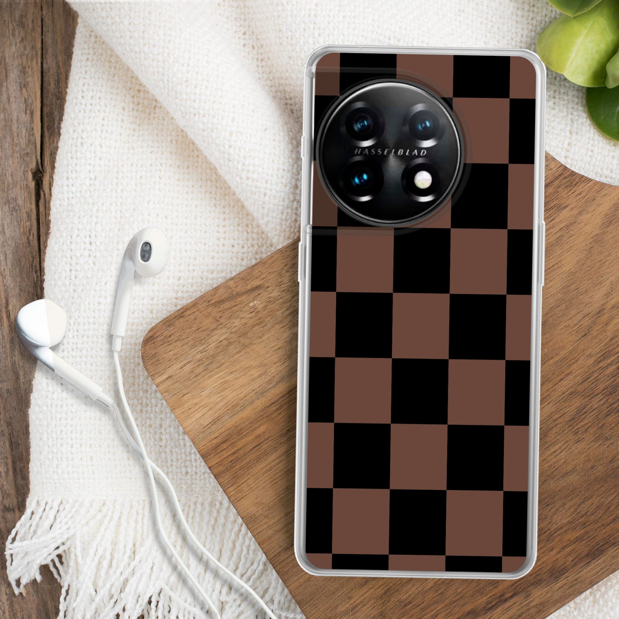 MuchoWow Handyhülle für OnePlus 11 Schachbrettmuster - Braun - Schwarz - Blöcke, Handy Case, Silikon, Bumper Case Dünn