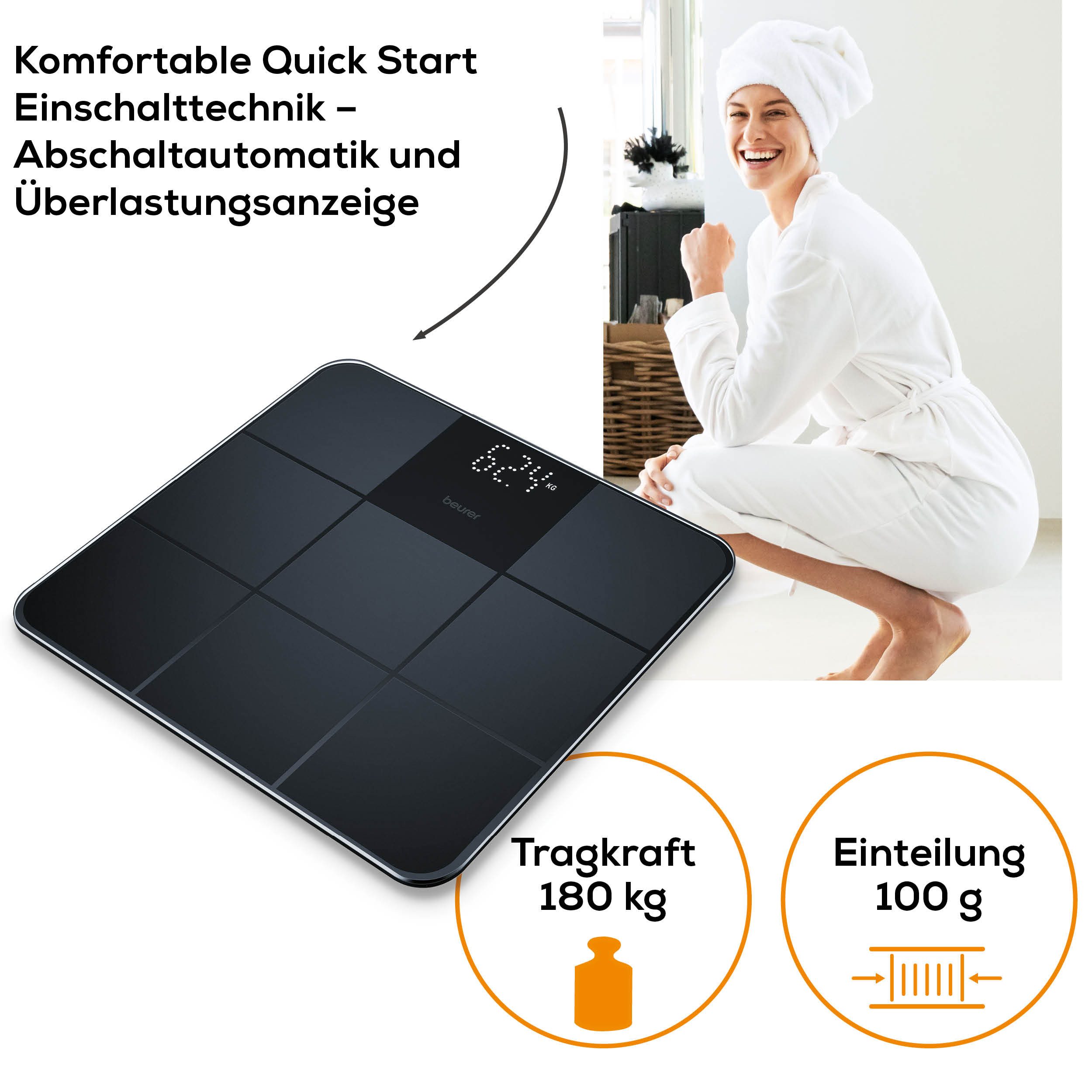 BEURER Personenwaage GS 235 Glaswaage mit Magic-LED Display - erscheint nur bei Messung, Elegante Oberfläche mit matter Fliesenstruktur, Tragkraft bis 180 kg