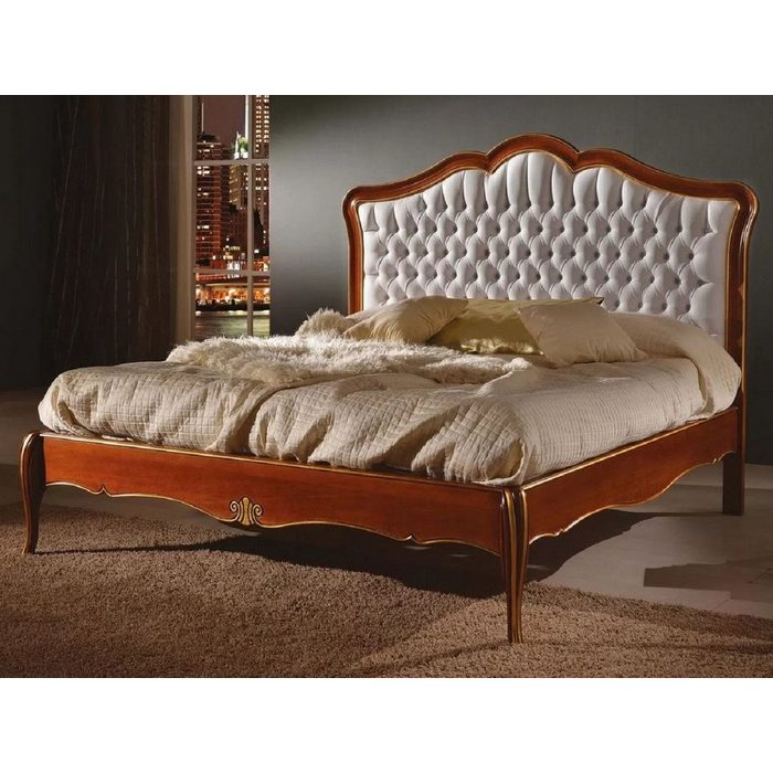 Casa Padrino Bett Doppelbett Weiß / Braun / Gold - Prunkvolles Massivholz Bett - Schlafzimmer Möbel - Qualität - Made in Italy