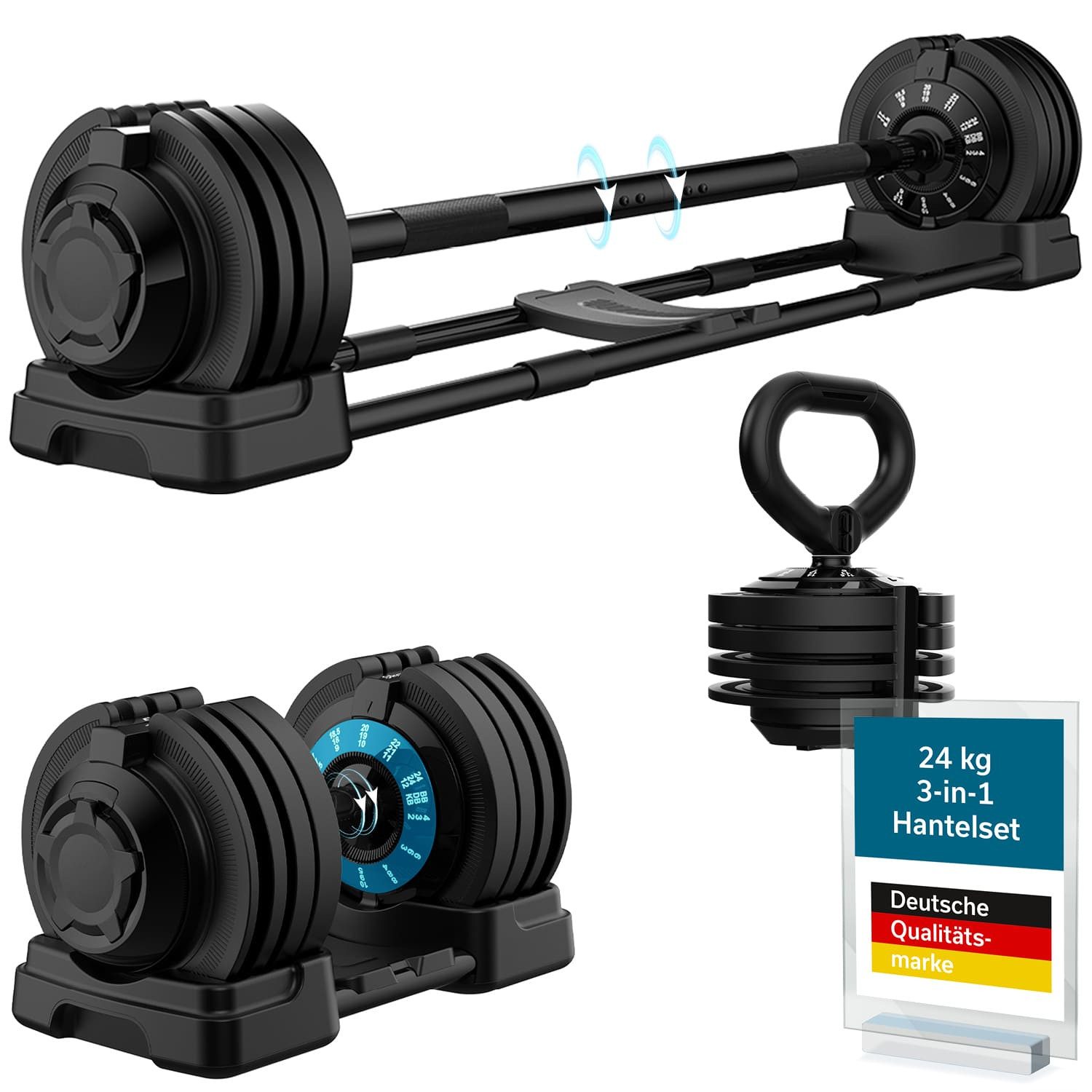 Hantel-Set verstellbar, Paino, Kurzhantel Langhantel & Kettlebell, 12 Stufen