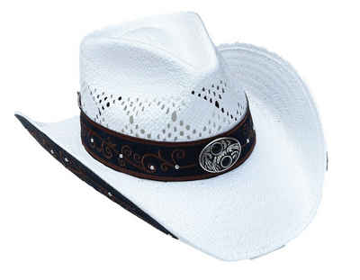 Westernlifestyle Cowboyhut Weißer Westernhut Strohhut mit Hutband und bestickter Seitenkrempe