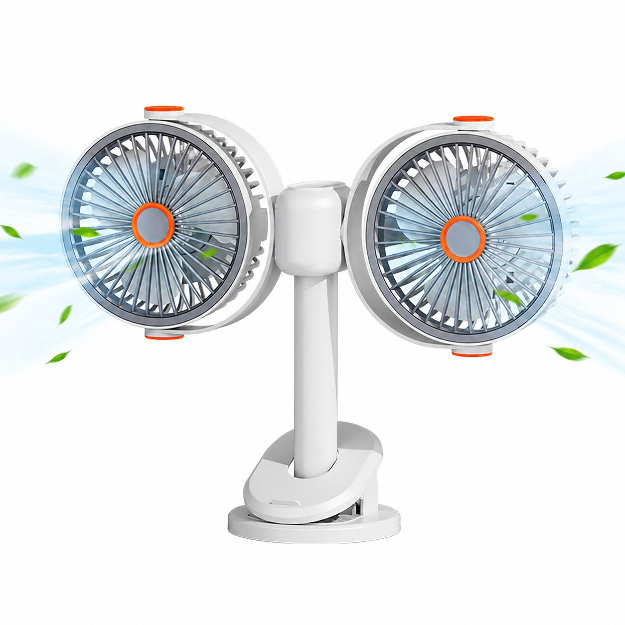 MOPUEA Standventilator Standventilator Doppelkopf Clip Ventilator 360° leise 5Stufen Akku USB, Doppelkopf, 5 Stufen, 360° drehbar, leise, Clip, LED Nachtlicht