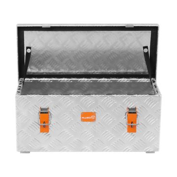 ALUBOX Aufbewahrungsbox aus Aluminiumriffelblech massiv Transportkiste (37 Liter), Fangbänder & Gasdruckdämpfer im Deckel