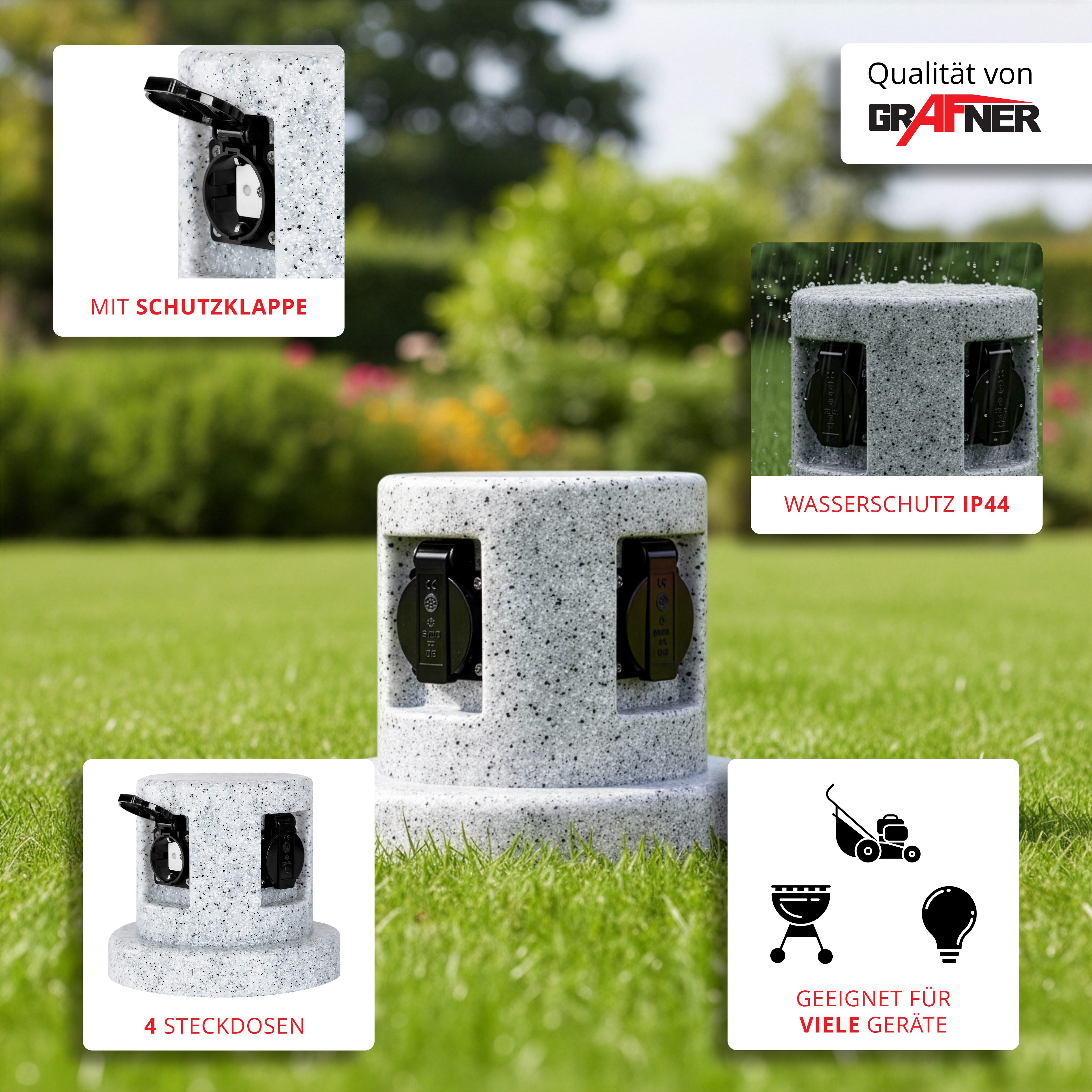 Grafner Gartensteckdose Gartensteckdose Steinoptik Steckdosensäule mit 4 Außensteckdosen, Breite oben: 16cm, Briete unten 21,5 cm