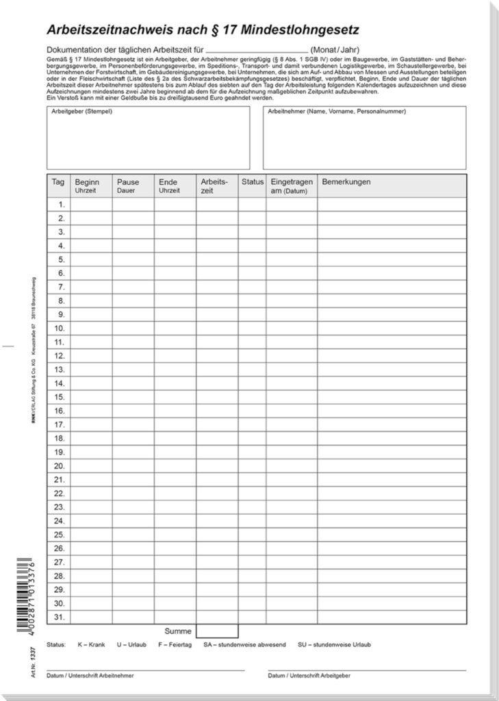 Formularblock RNK Arbeitszeitnachweis A4 24 Bl. nach § 17 Mindestlohngesetz