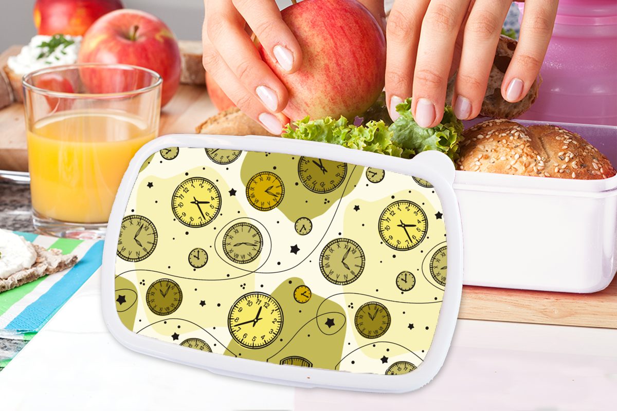 (2-tlg), - Mädchen Kinder - und Brotdose, und Retro Lunchbox für - MuchoWow Muster Kunststoff, dots, Uhr Polka weiß Brotbox für Jungs Erwachsene,