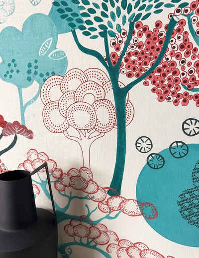 Newroom Vliestapete, Rot Tapete Modern Bäume - Mustertapete Bäume Blau Creme 3D Optik Natur Bonsai Motiv für Schlafzimmer Wohnzimmer Küche