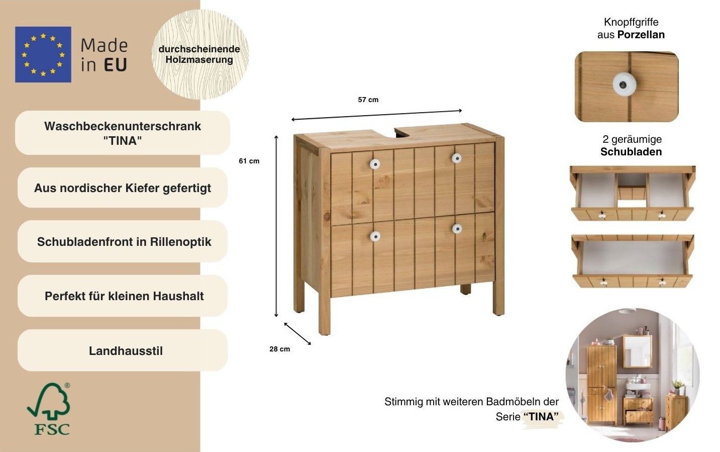 Home affaire Waschbeckenunterschrank Tina Badmöbel, Schrank, Breite 57 cm, Massivholz