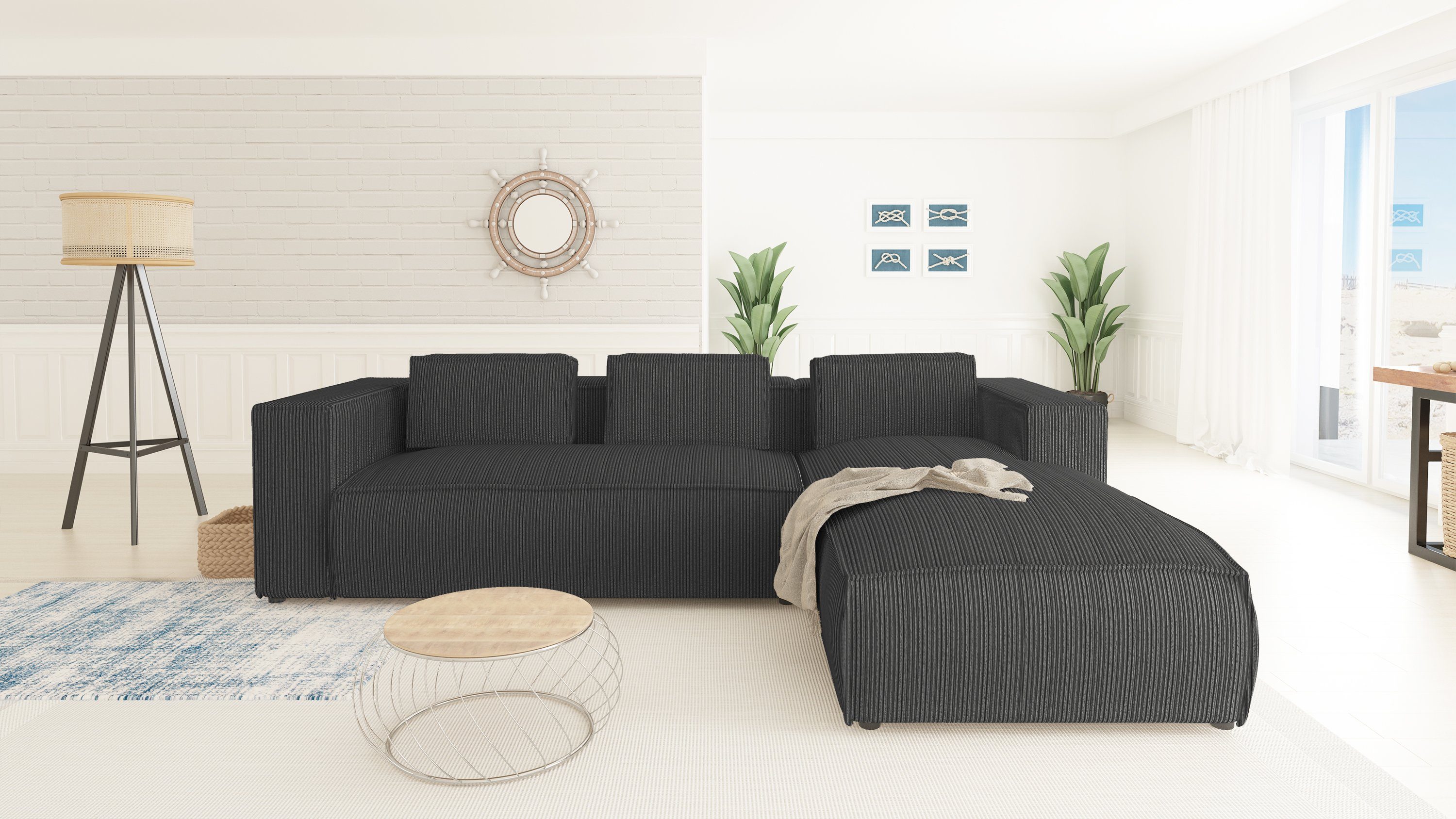 Ecksofa bestellbar in Möbel Wellenfederung Teile, Optik, links rechts Grau oder S-Style mit Moderner Renne, 2 mane