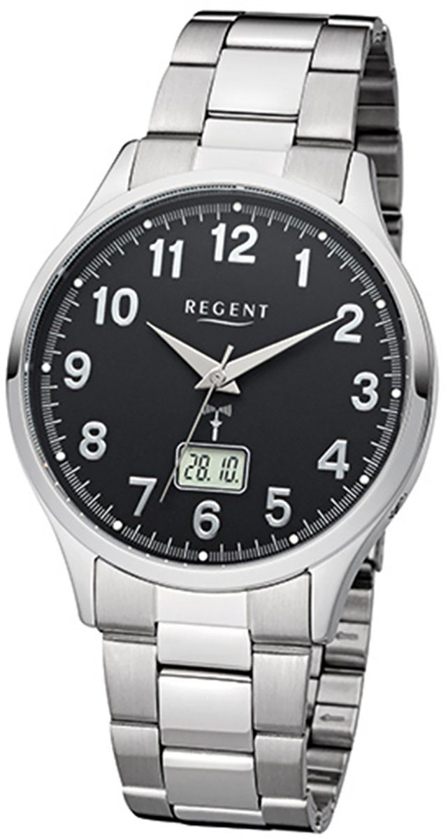 Regent Funkuhr Regent Herren-Armbanduhr silber, Herren Funkuhr rund, groß  (ca. 40mm), Edelstahlarmband silber, Kalender | Quarzuhren