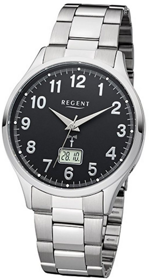 Regent Funkuhr Regent Herren-Armbanduhr silber, Herren Funkuhr rund, groß  (ca. 40mm), Edelstahlarmband silber, Kalender