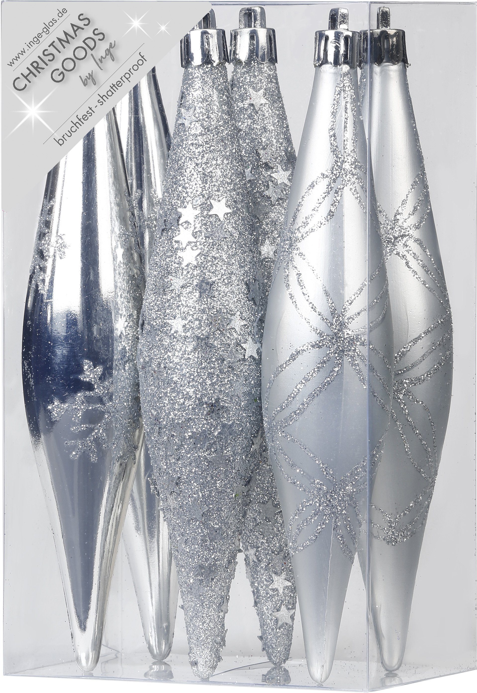 MAGIC by Inge Christbaumschmuck, Christbaumschmuck Eiszapfen 15cm Kunststoff 6er Set - Silber