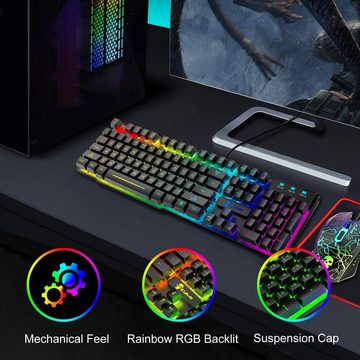 LexonElec RGB-Hintergrundbeleuchtung Tastatur- und Maus-Set, Ergonomisch, mechanische Haptik, DPI, 6 Tasten mit Mauspads (Schwarz)