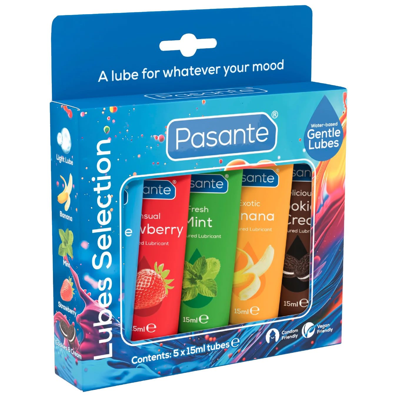 Pasante Gleitgel Lubes Selection, Set mit 5x15ml, 5-tlg., verschiedene Sorten Gleitgel mit Aroma & ohne Parabene