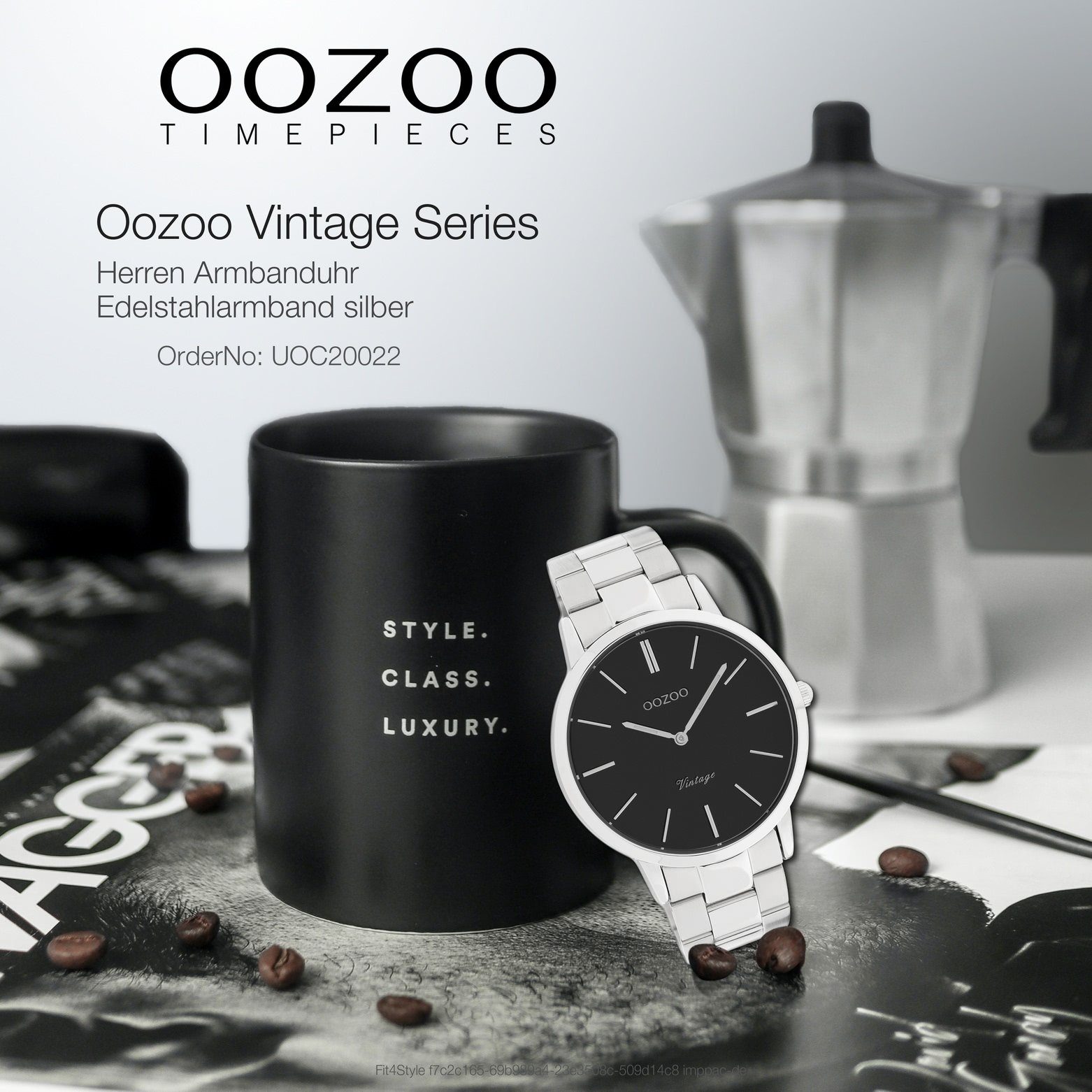 Fashion-Style Herrenuhr Analog, (ca. Oozoo groß Armbanduhr Herren silber Quarzuhr Edelstahlarmband, 42mm) rund, OOZOO