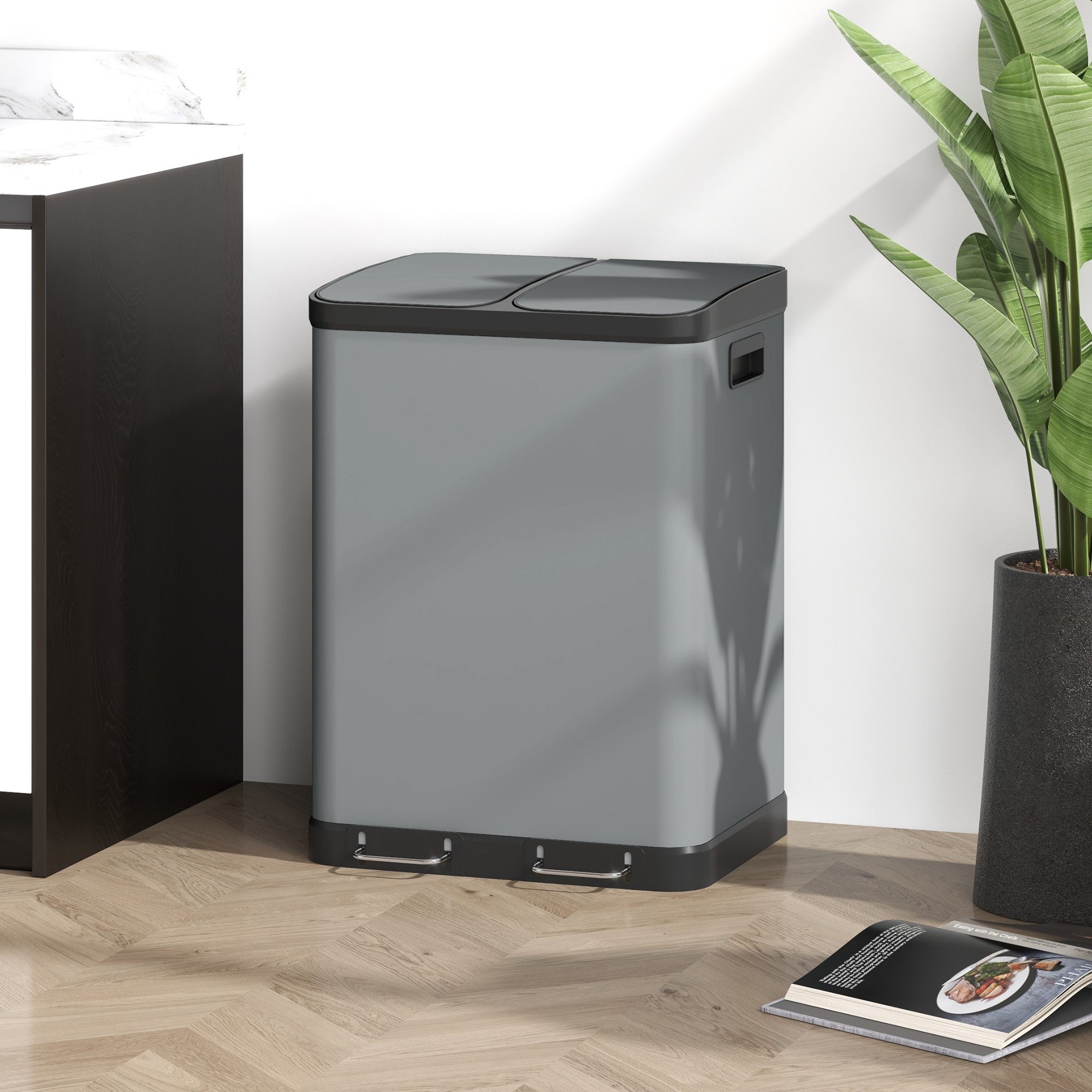 HOMCOM Mülltrennsystem Mülltrennsystem 2 x 30L, Treteimer mit Softclose-Deckel, 2x30L, Softclose-Deckel, herausnehmbar, fingerabdruckresistent