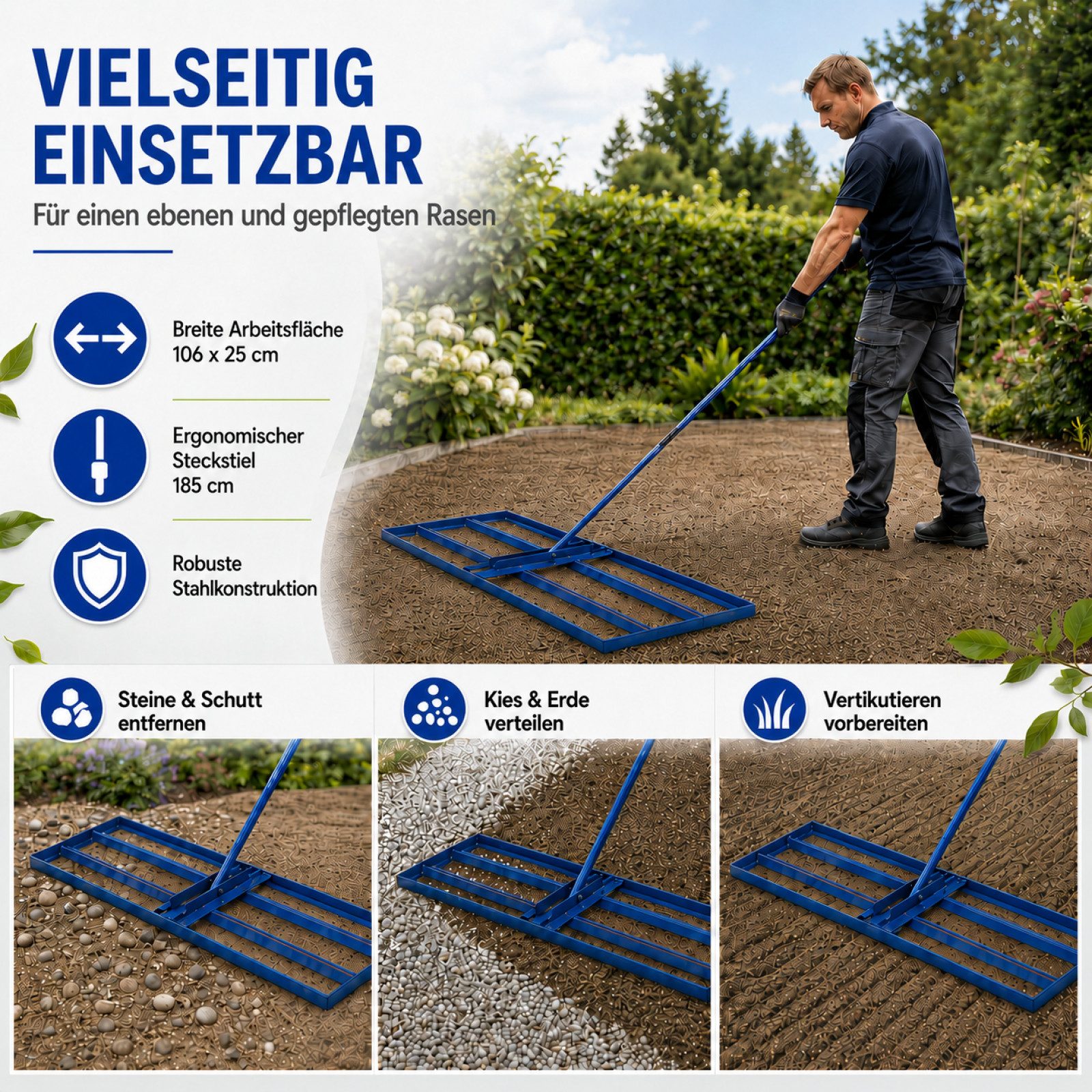Bituxx Rasenrechen Rasenrakel 106x25 cm, 106 cm Arbeitsbreite, mit 185 cm langem Stiel, (1-tlg., MS-19337) – Bild 5 von 5