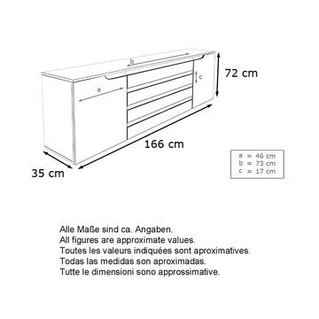 Vladon Sideboard Sylt (Kommode, mit 2 Türen und 4 Schubladen), Schwarz matt/Sandgrau Hochglanz/Brombeer Hochglanz (166 x 72 x 35)