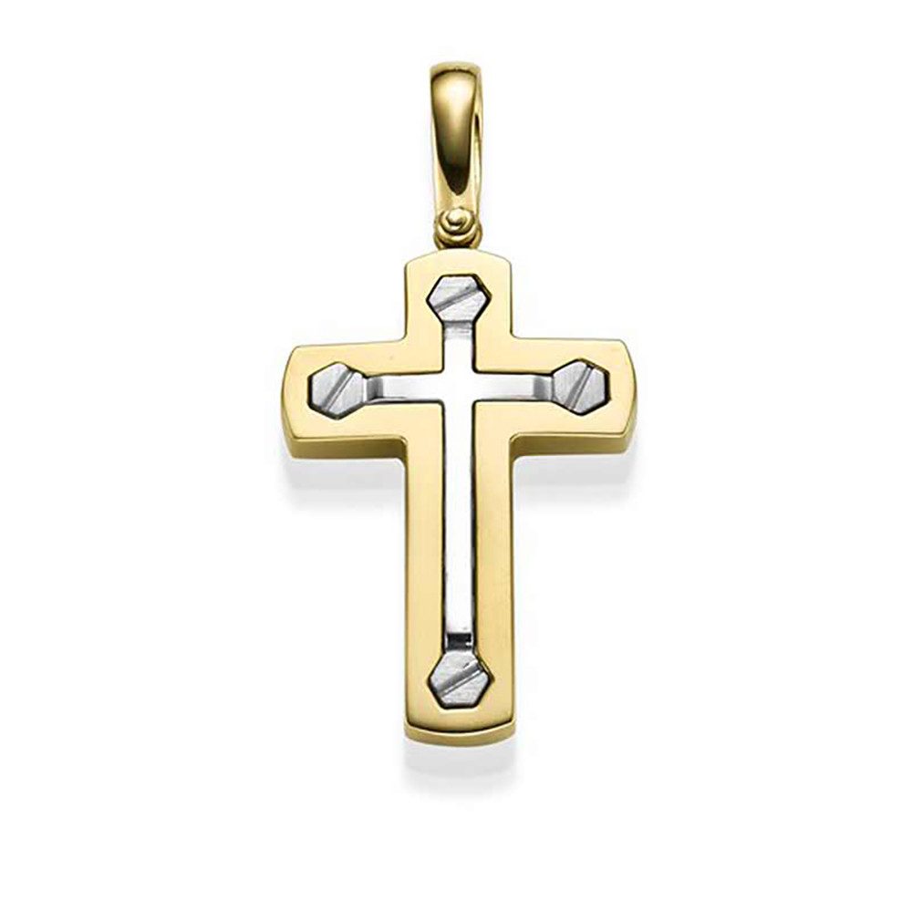 Kreuzanhänger Anhänger Kreuz massiv Gold - 585 14 Karat Gelbgold und Weißgold