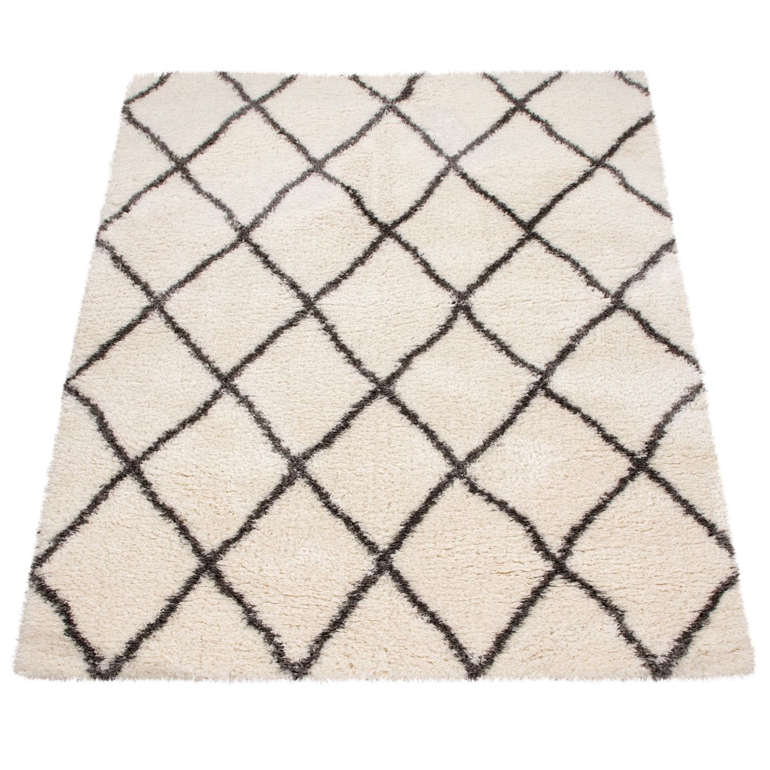 KADIMA DESIGN Teppich Rautenmuster Schlafzimmer schmutzabweisend Hochflor Teppich Shaggy, Rechteckig, Höhe: 54 mm, Florhöhe: 50 mm, 100% Polyester, 80x150cm, Creme