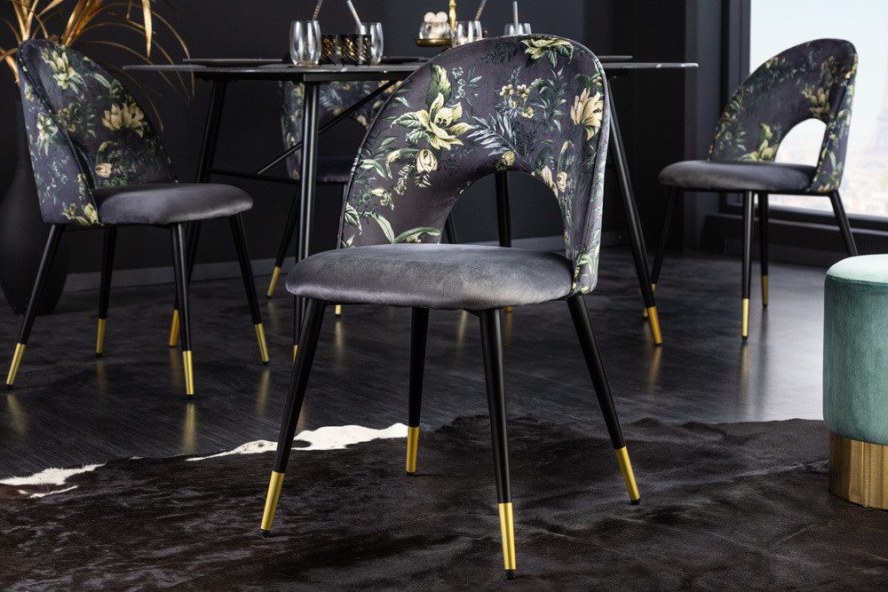 riess-ambiente Esszimmerstuhl PRÊT-À-PORTER grau/schwarz – Samt, florales Muster, goldene Fußkappen (Einzelartikel, 1 St), Retro-Stuhl mit Glamour-Effekt – ideal für Esszimmer oder Büro