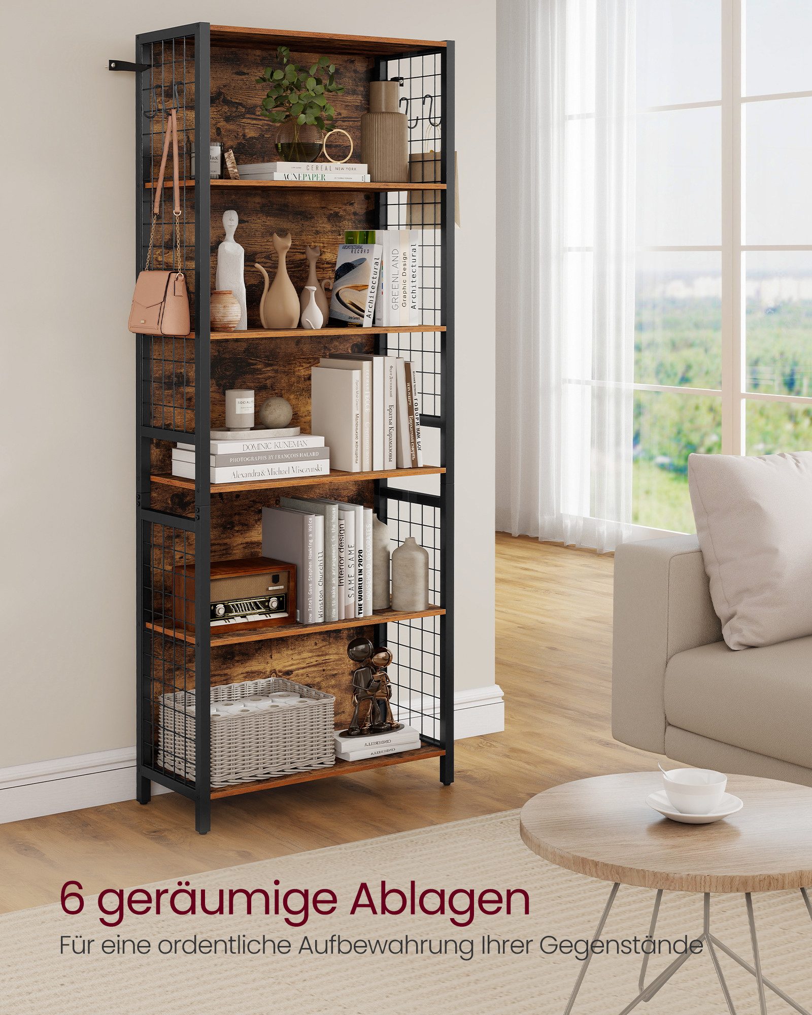 VASAGLE Bücherregal Standregal, für Büro, Wohnzimmer, Arbeitszimmer, vintagebraun-tintenschwarz