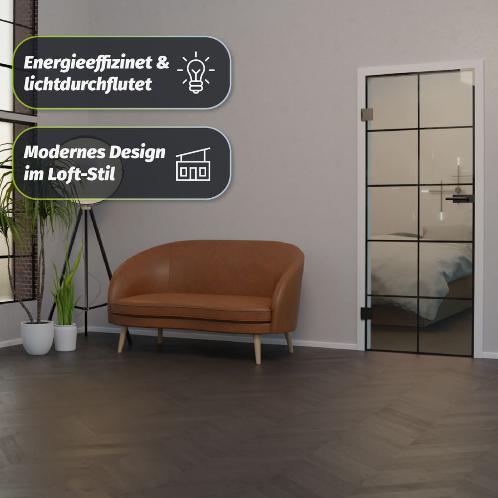 HORI Zimmertür Glastür aus ESG Glas Zimmertür Modernes Loft-Design in Schwarz, Thermisch behandeltes Glas, erhöhte Stoß- und Schlagfestigkeit