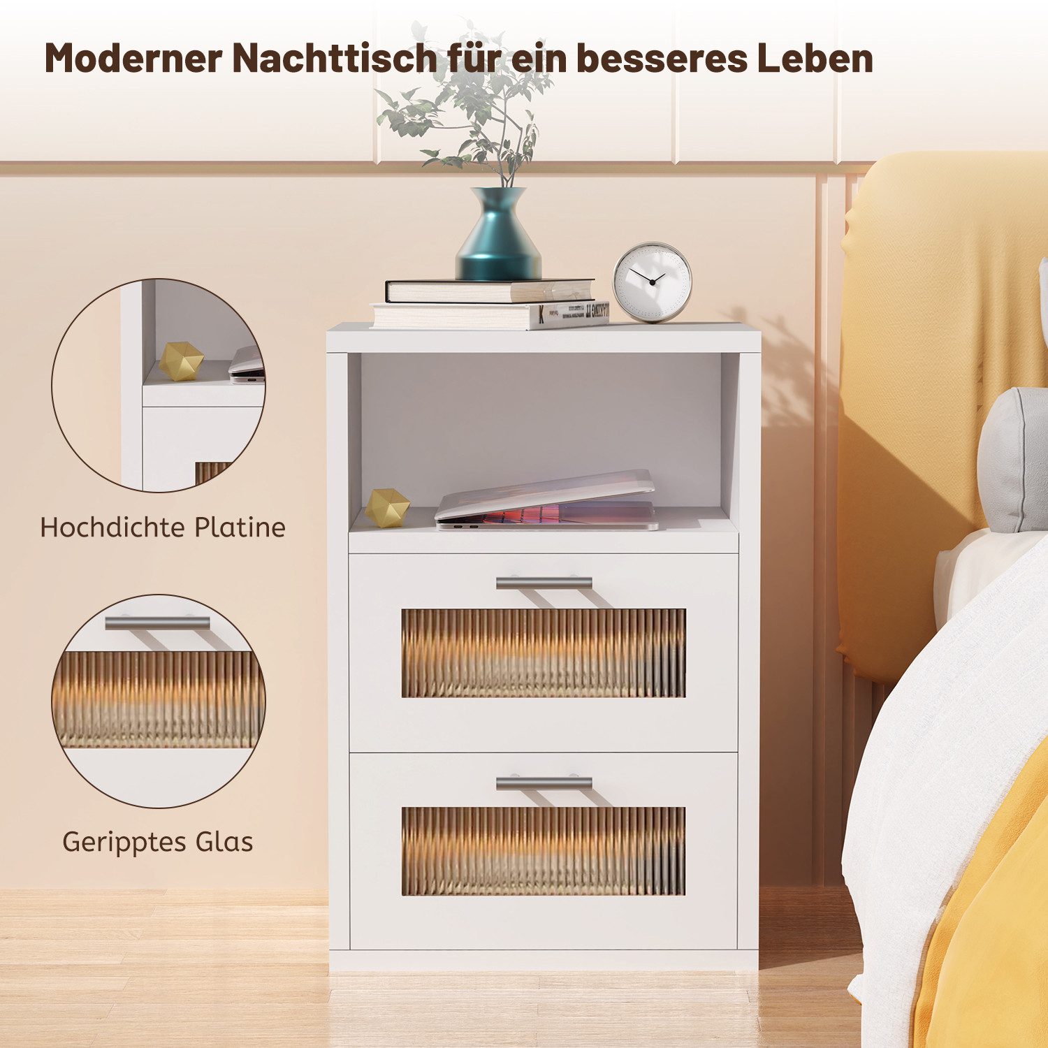 oyajia Nachttisch mit 2/3 Schubladen, Beistelltisch mit Ladestation und LED, Mit USB und Typ-C Anschlüsse, offenes Fach