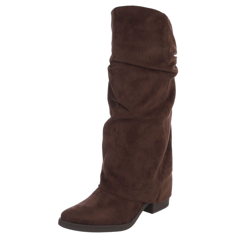 Damen Kniehochstiefel mit Blockabsatz, Schlupfform Westernstiefel