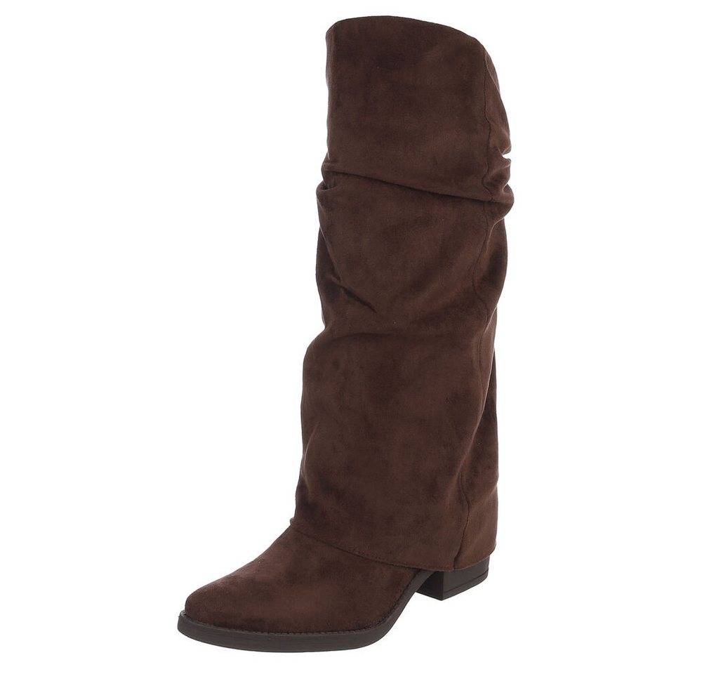 Ital-Design Damen Kniehochstiefel mit Blockabsatz, Schlupfform Westernstiefel (92078800) Blockabsatz Stiefel in Braun