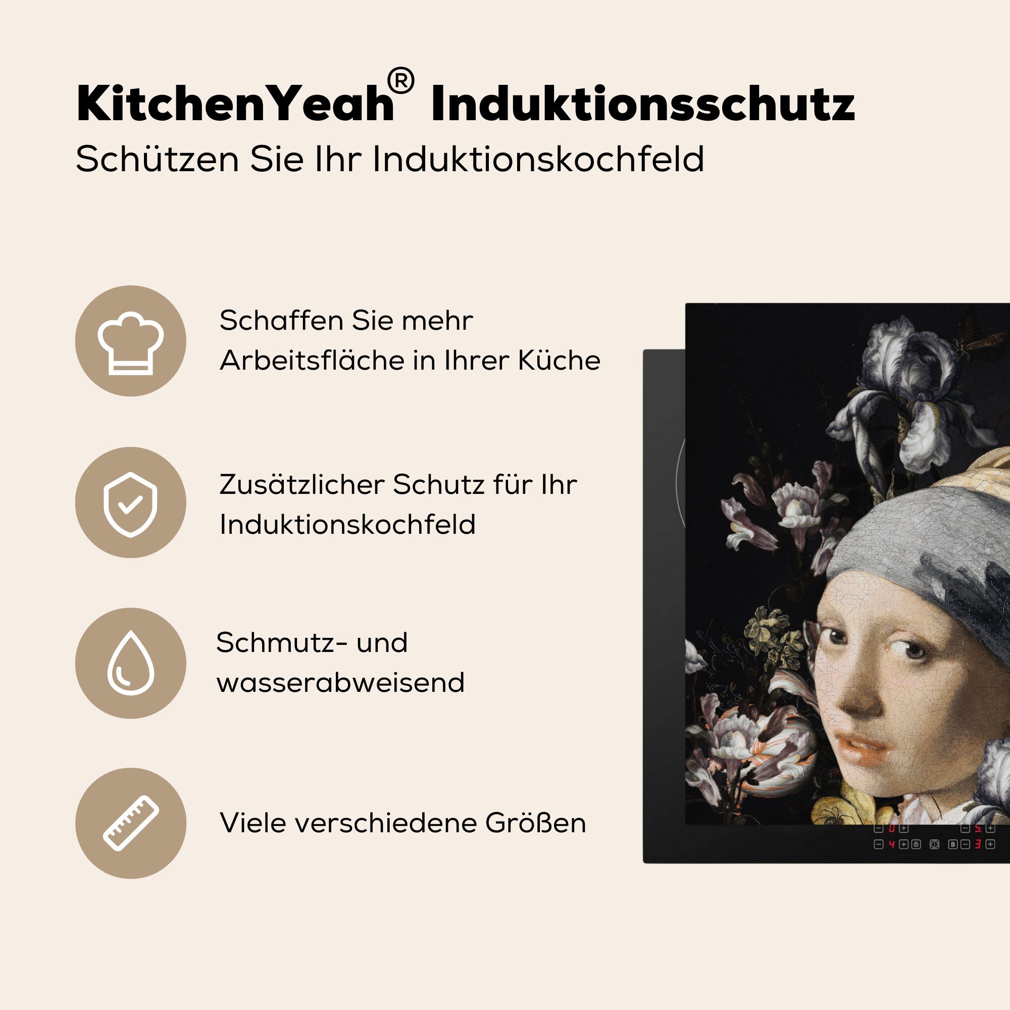 Herdblende-/Abdeckplatte Arbeitsplatte küche Ceranfeldabdeckung, für Vermeer, (1 cm, - Blumen 78x78 MuchoWow Vinyl, Gemälde tlg), -