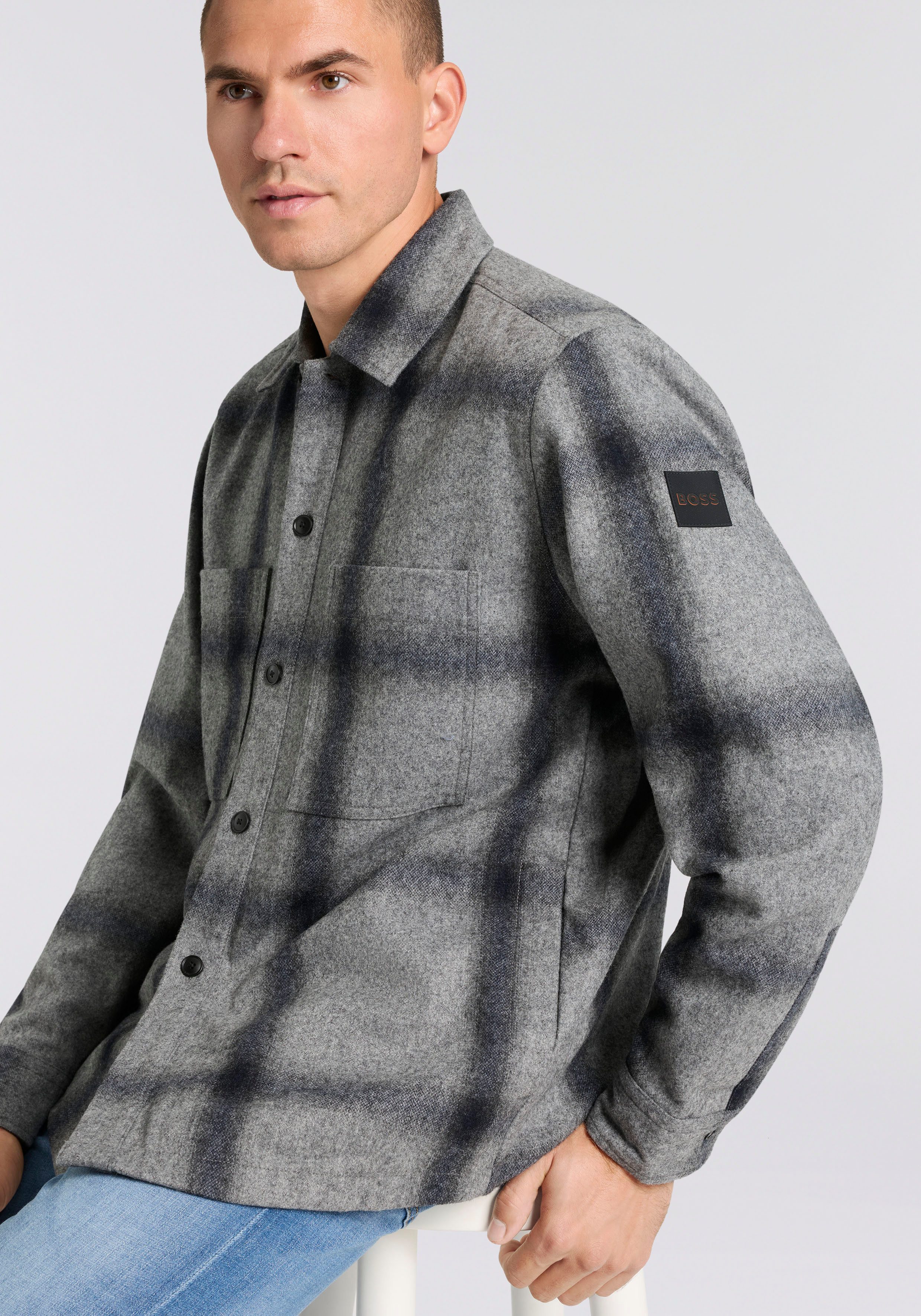BOSS ORANGE Langarmhemd Locky melierte Wollmischung, Karo-Design, oversize fit