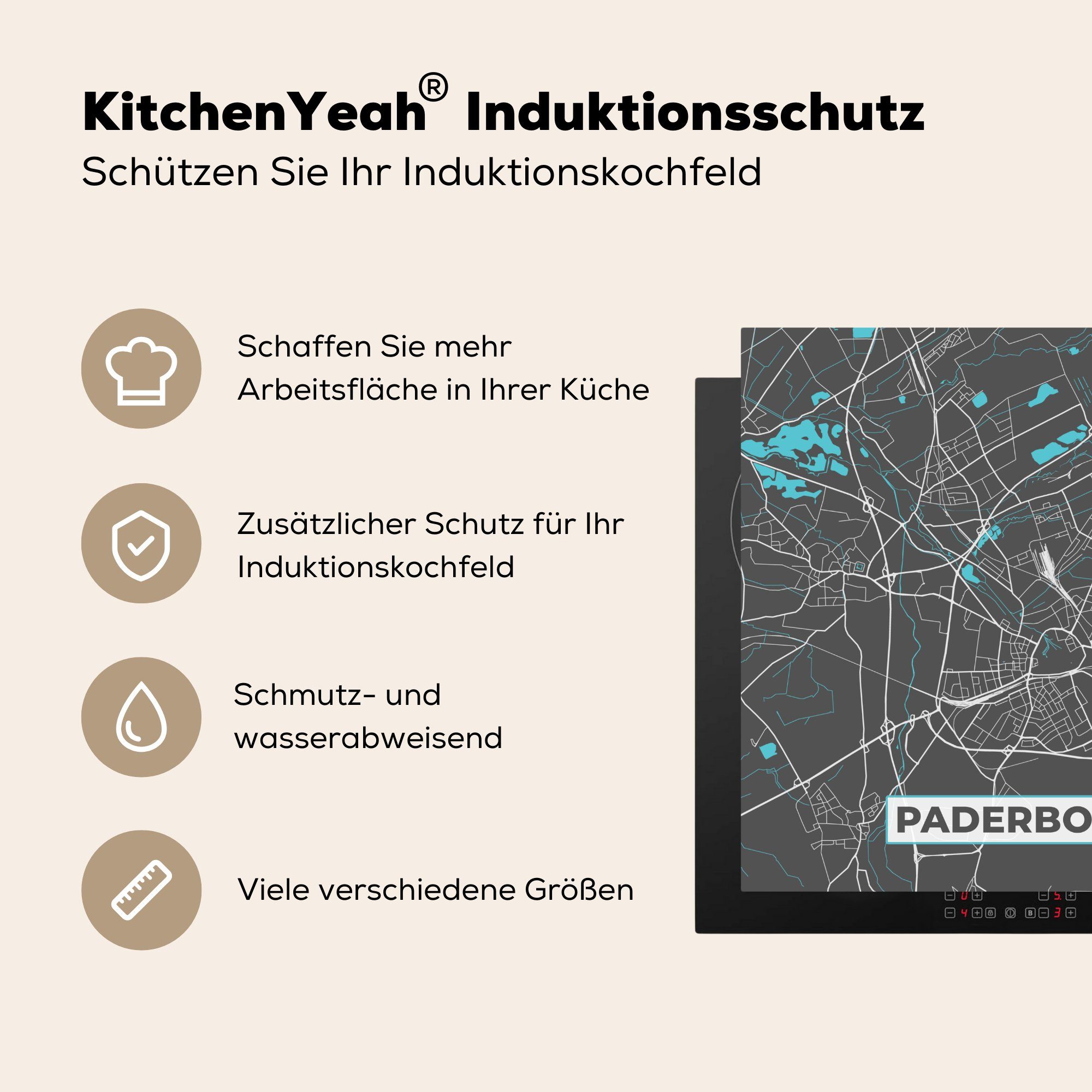 Stadtplan tlg), 78x78 für Paderborn, cm, Karte - Ceranfeldabdeckung, Herdblende-/Abdeckplatte - - Deutschland - Blau Vinyl, MuchoWow Arbeitsplatte küche (1