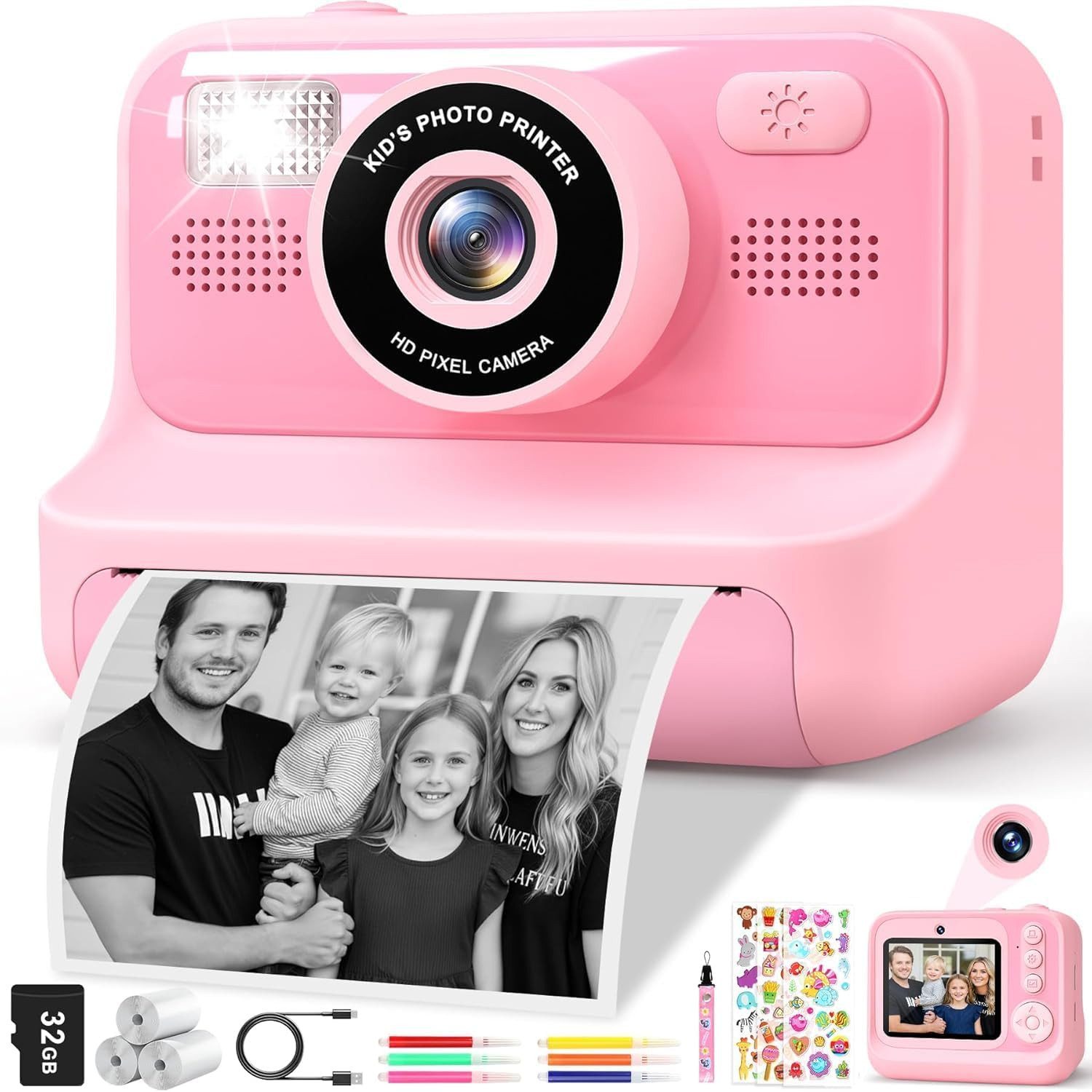 POPOLIC Sofortbildkamera, 2,4-Zoll Selfie Kamera mit 32GB Karte Kinderkamera (inkl. 1080P Kinder Kamera, Spielzeug, Geschenke mädchen Junge Digital Rosa)