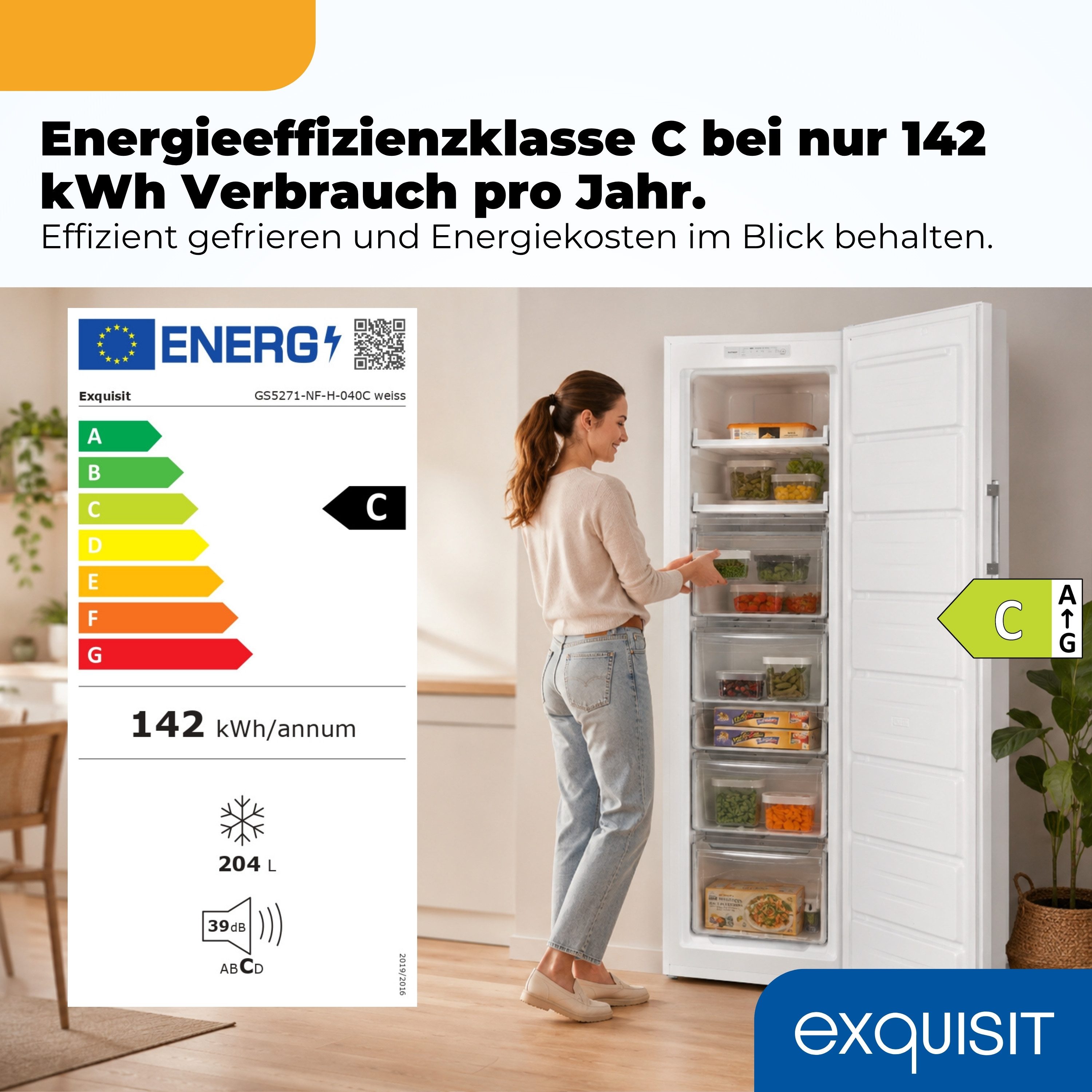 exquisit Gefrierschrank GS5271-NF-H-040C, 170 cm hoch, 54,5 cm breit, 204 l Nutzinhalt, 4 Gefrierschubladen, Energieklasse C, 39 dB