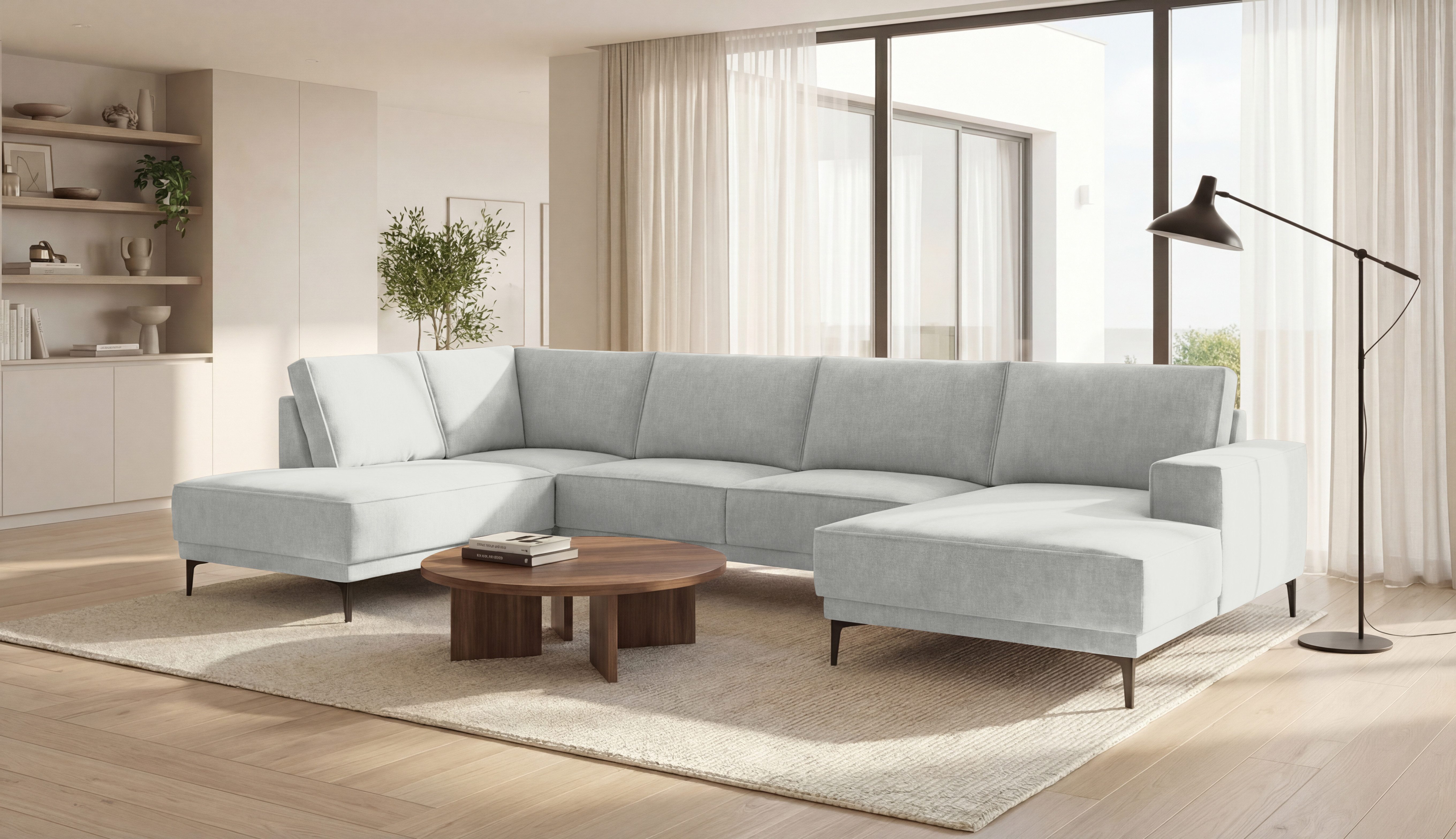 OTTO home Wohnlandschaft XXL Sofa Oland, Struktur, Flachgewebe, Luxus-Microfaser, Boucle, U-Form, 345 cm, Wellenunterfederung, Skandi-Design, Metallfüße