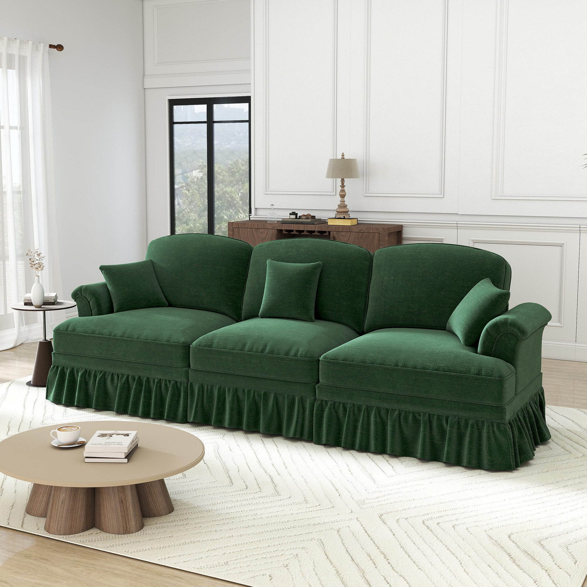 Odikalo Big-Sofa Ecksofa mit Schlaffunktion und Volant, Elegantes Mid-Century 2-3-4-5-Sitzer Sofa aus Chenille mit Trichter-Armlehnen, abnehmbarer Rüschenschürze & spindelförmigen Beinen – Komfortables Sofa fürs Wohnzimmer, Mehrfarbig