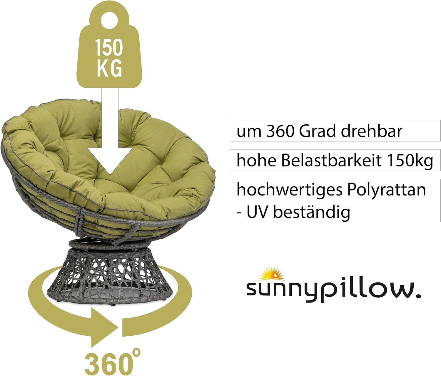 sunnypillow Rattanstuhl Papasansessel, Rattansessel mit Kissen rund Durchmesser 120 cm, Grün